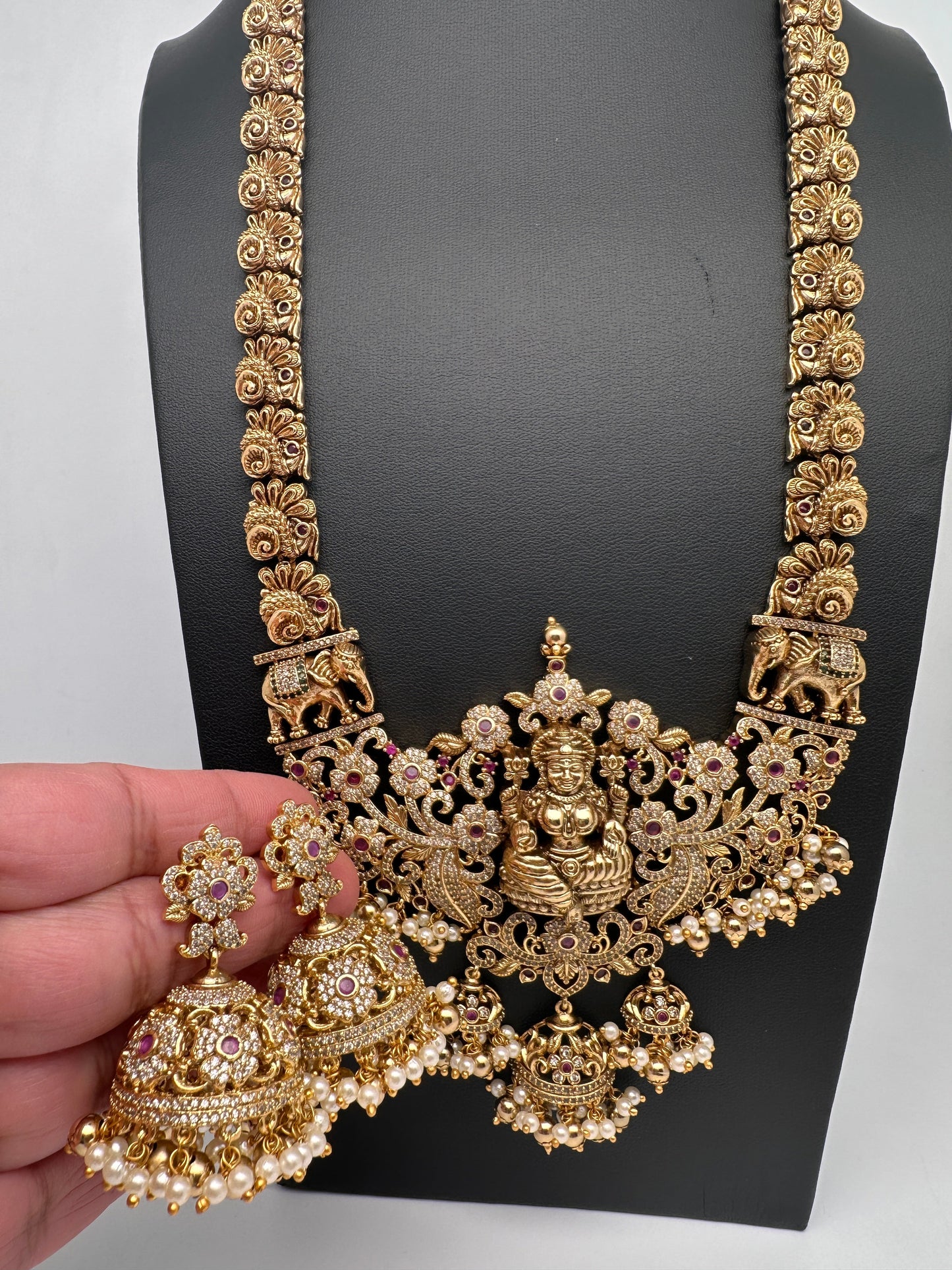 Goddess Lakshmi CZ Red Stone Matte Finish Long Nakshi Necklace Set