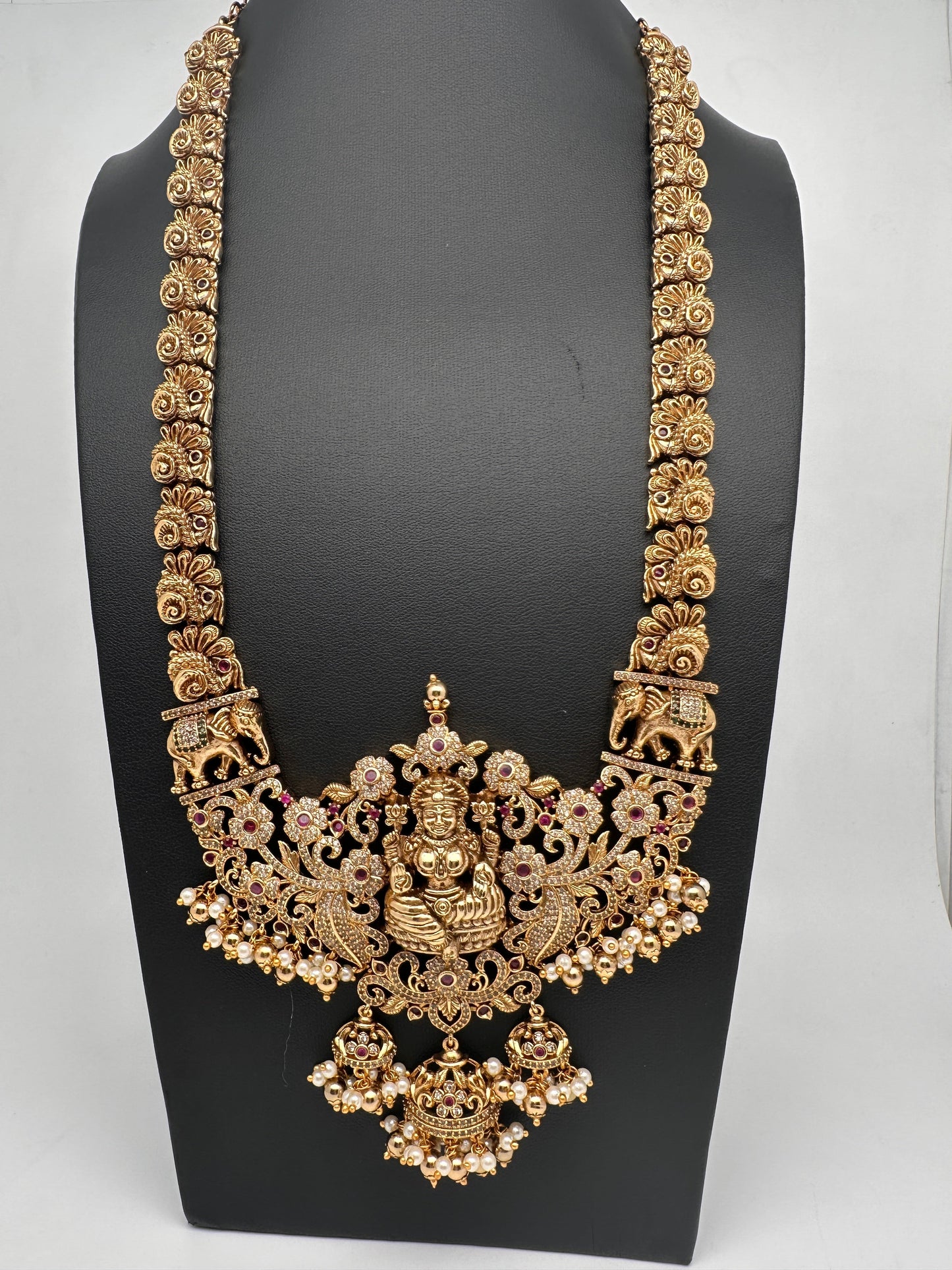 Goddess Lakshmi CZ Red Stone Matte Finish Long Nakshi Necklace Set