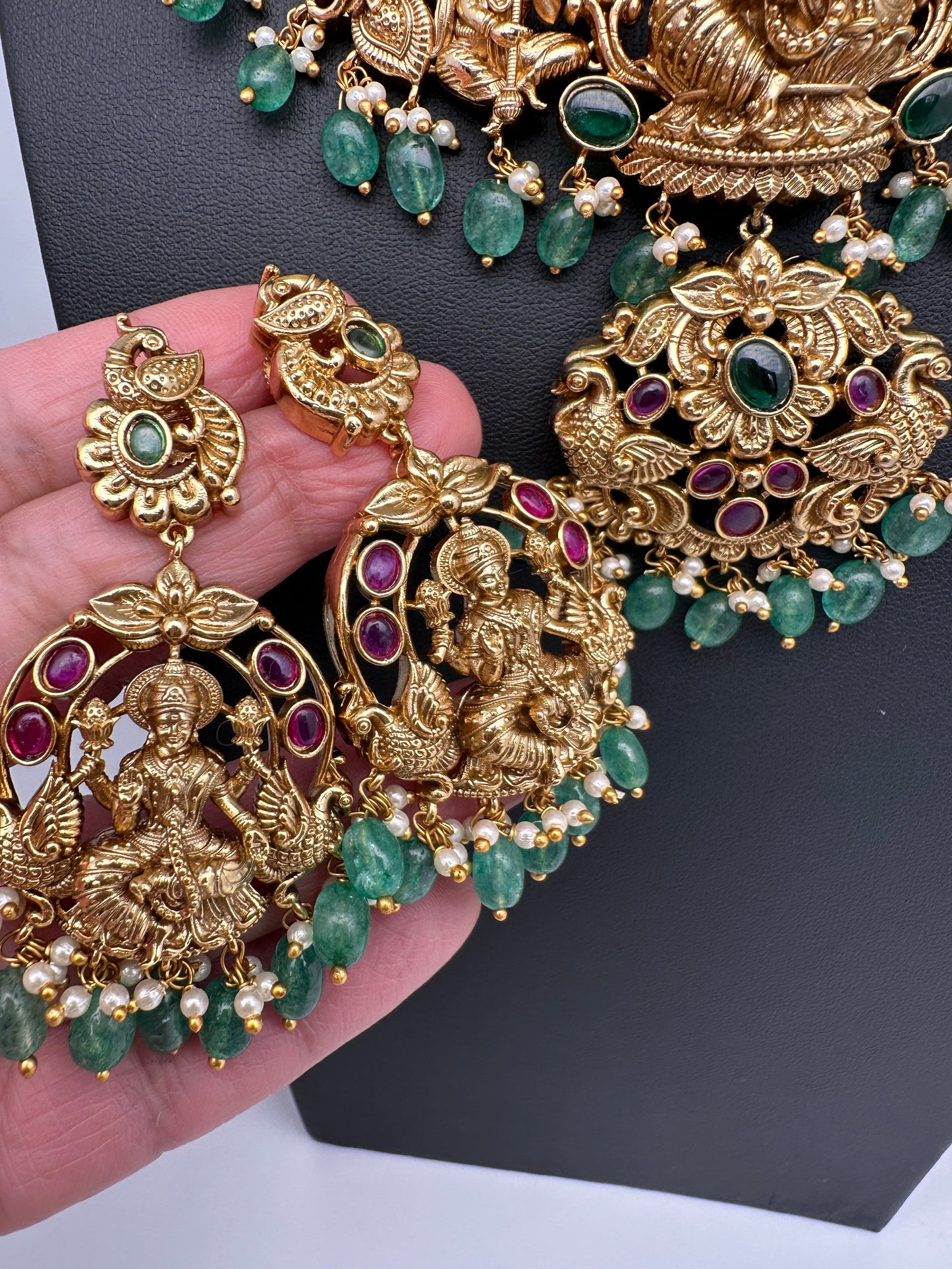 Goddess Lakshmi CZ Red Stone Matte Finish Neckline Nakshi Necklace Set