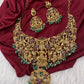 Goddess Lakshmi CZ Red Stone Matte Finish Neckline Nakshi Necklace Set