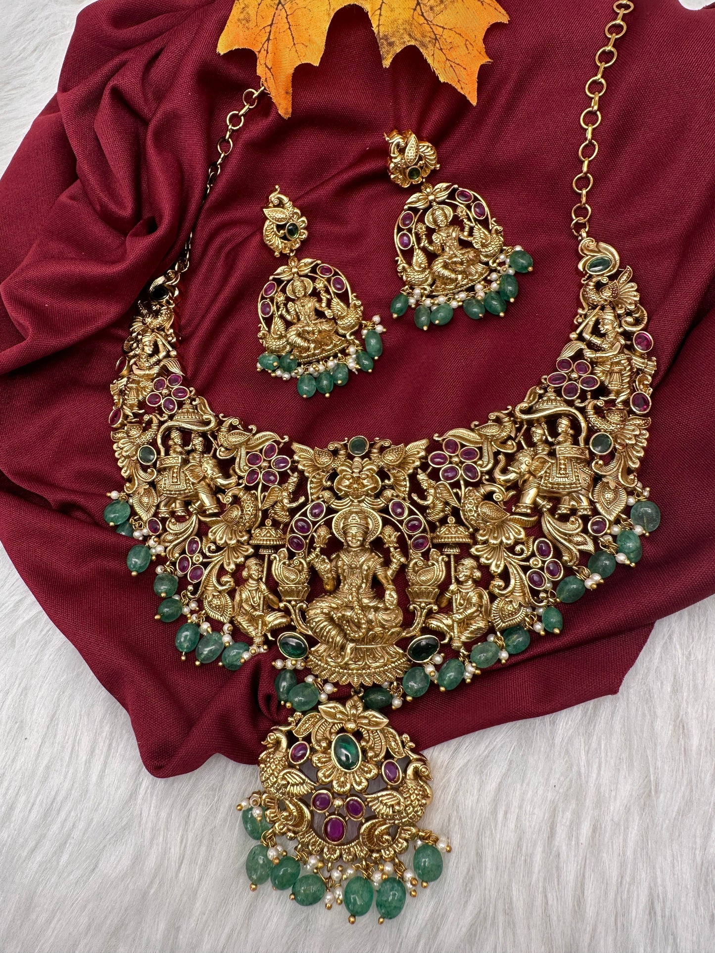 Goddess Lakshmi CZ Red Stone Matte Finish Neckline Nakshi Necklace Set