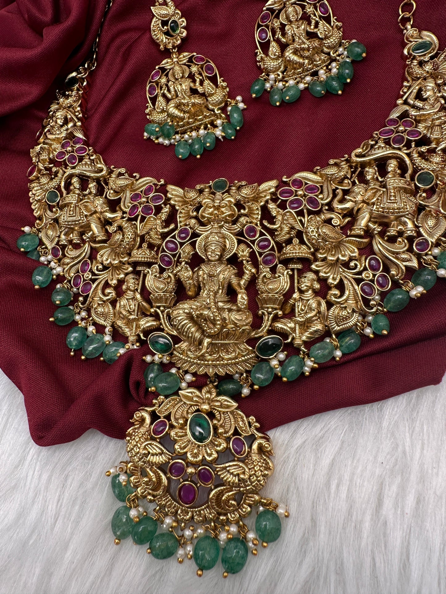 Goddess Lakshmi CZ Red Stone Matte Finish Neckline Nakshi Necklace Set