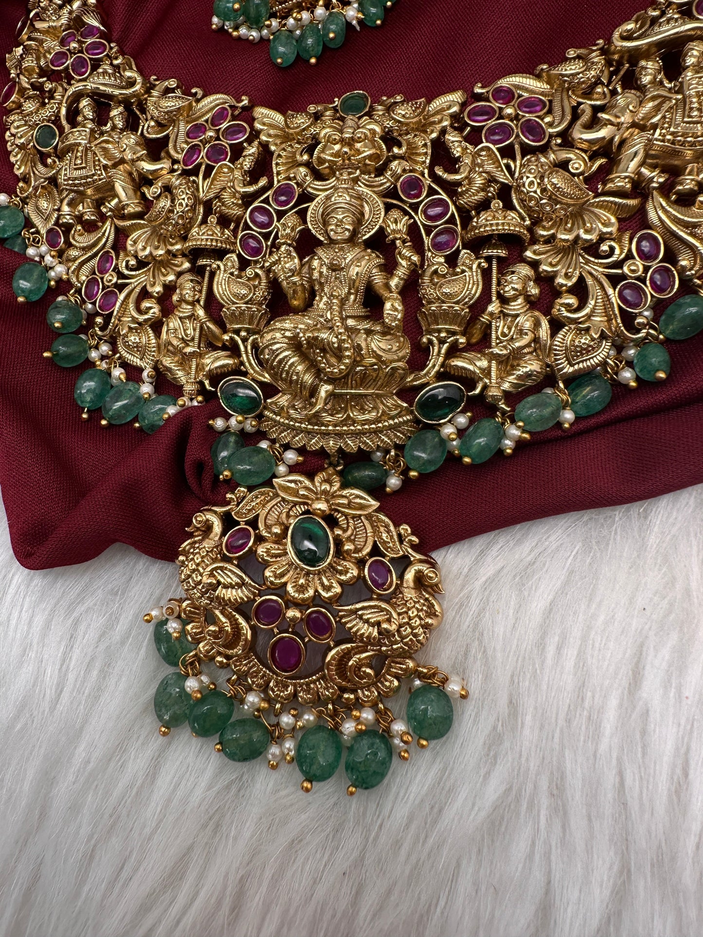 Goddess Lakshmi CZ Red Stone Matte Finish Neckline Nakshi Necklace Set