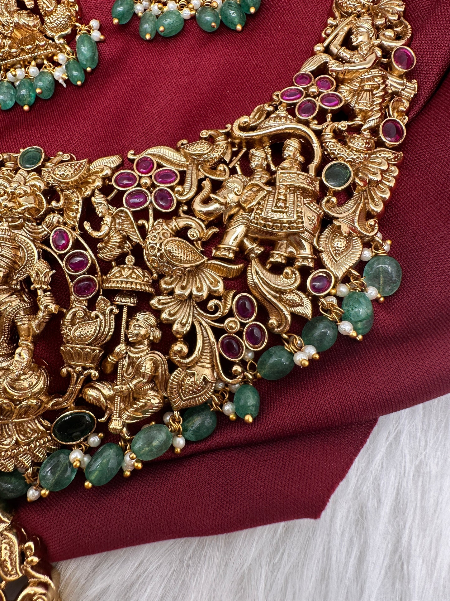 Goddess Lakshmi CZ Red Stone Matte Finish Neckline Nakshi Necklace Set