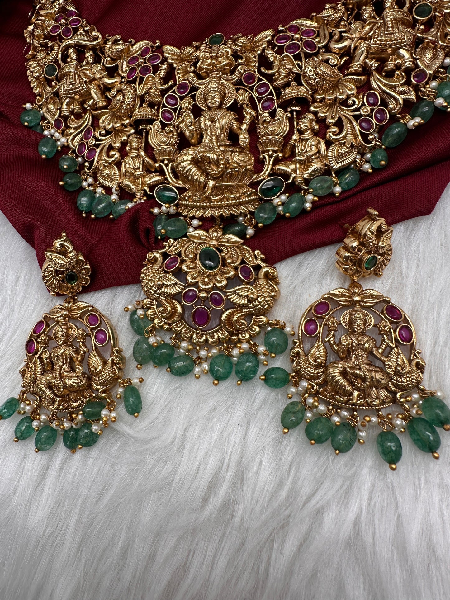 Goddess Lakshmi CZ Red Stone Matte Finish Neckline Nakshi Necklace Set
