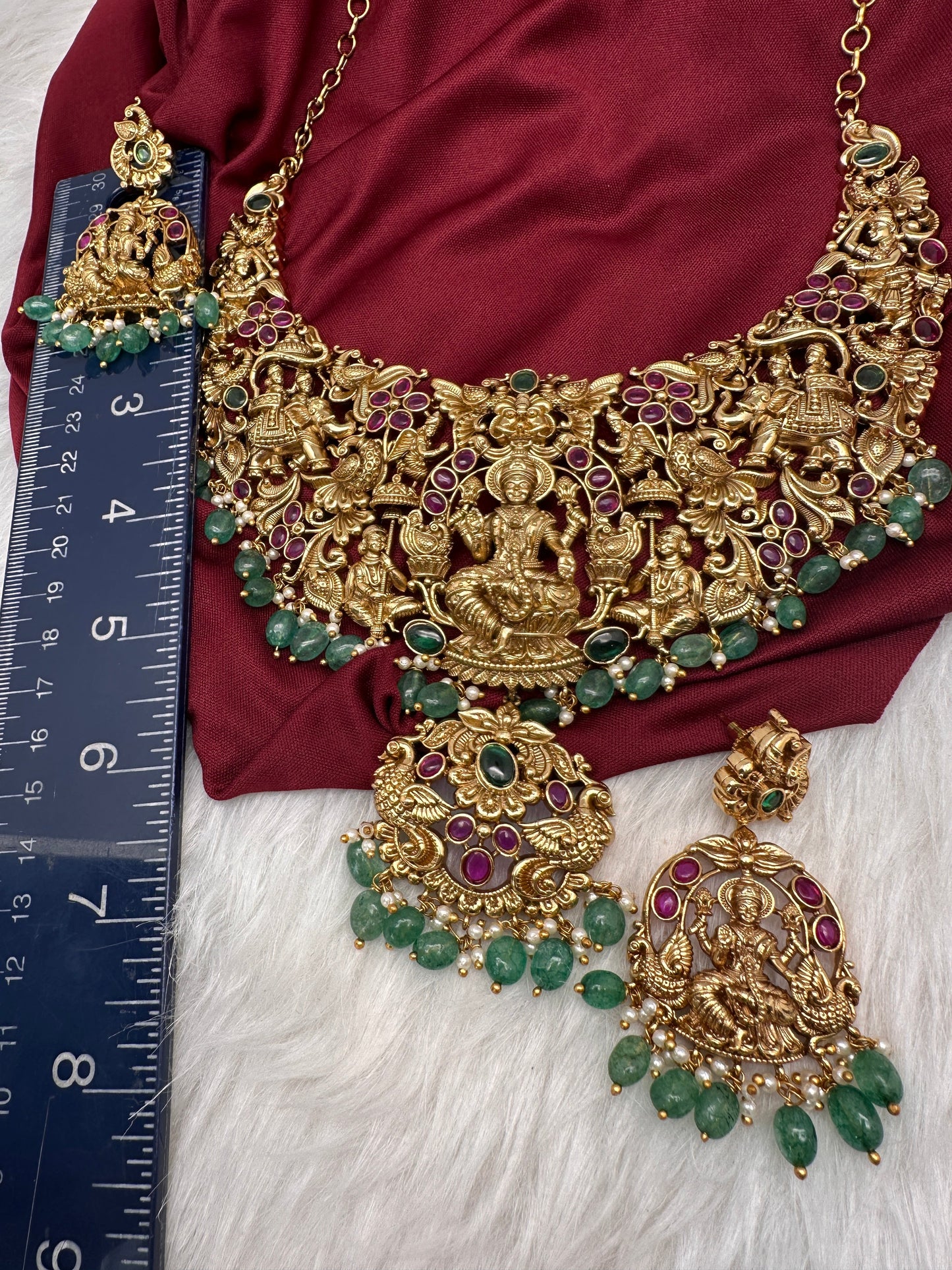 Goddess Lakshmi CZ Red Stone Matte Finish Neckline Nakshi Necklace Set