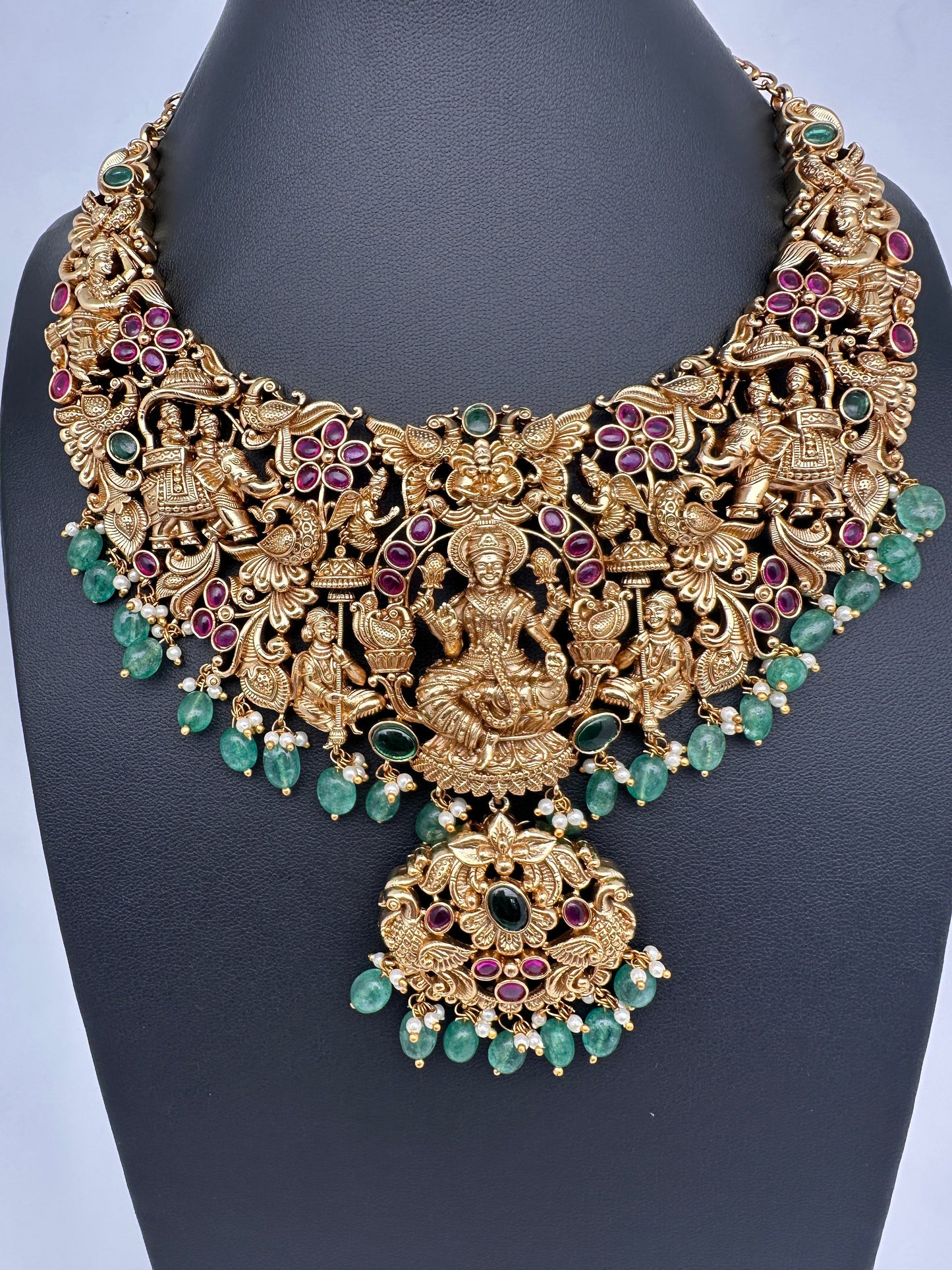 Goddess Lakshmi CZ Red Stone Matte Finish Neckline Nakshi Necklace Set