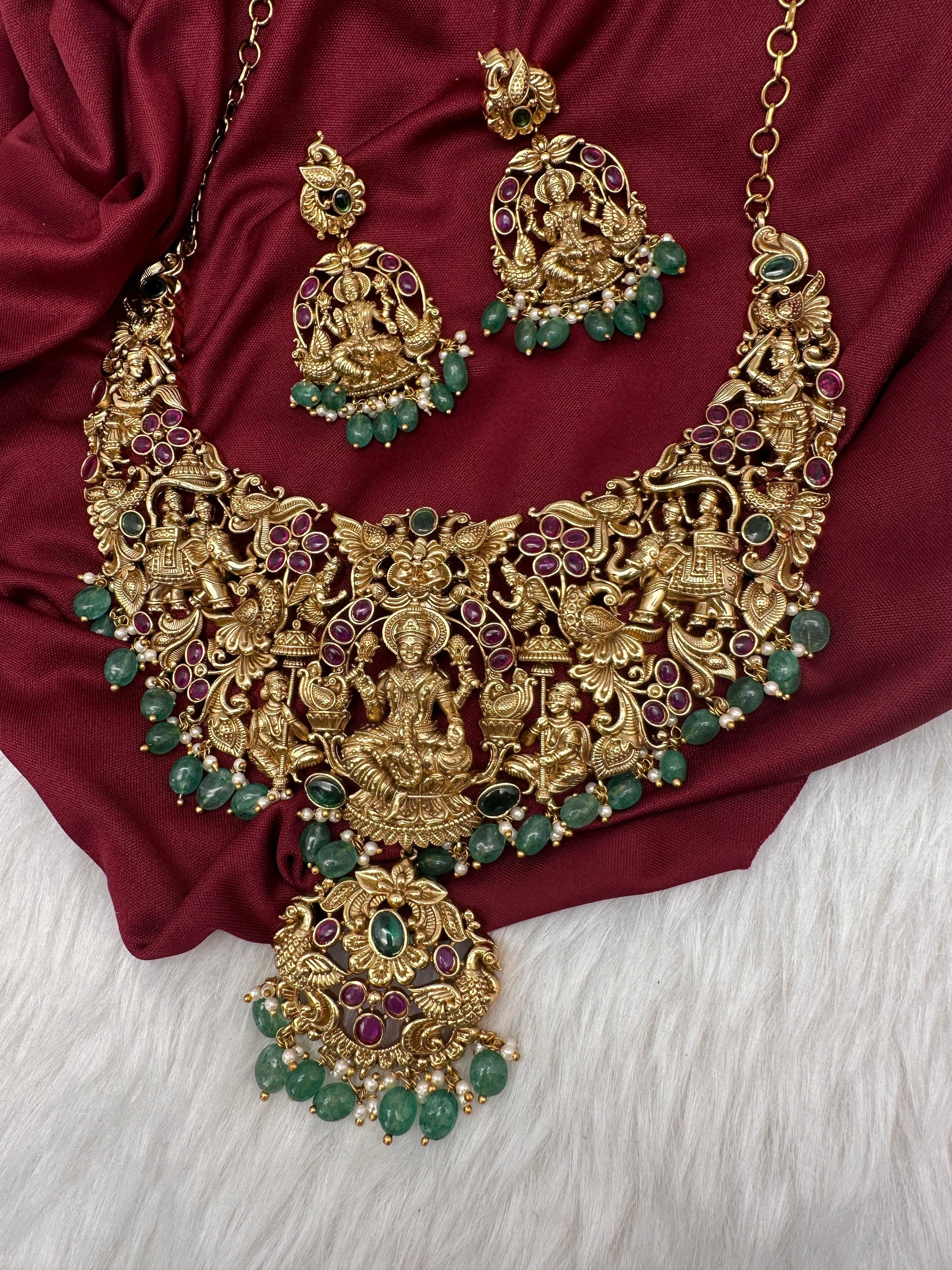Goddess Lakshmi CZ Red Stone Matte Finish Neckline Nakshi Necklace Set