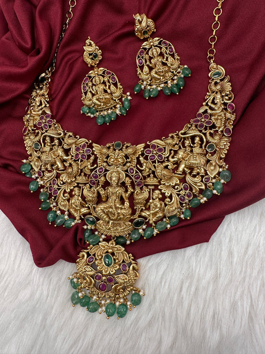 Goddess Lakshmi CZ Red Stone Matte Finish Neckline Nakshi Necklace Set