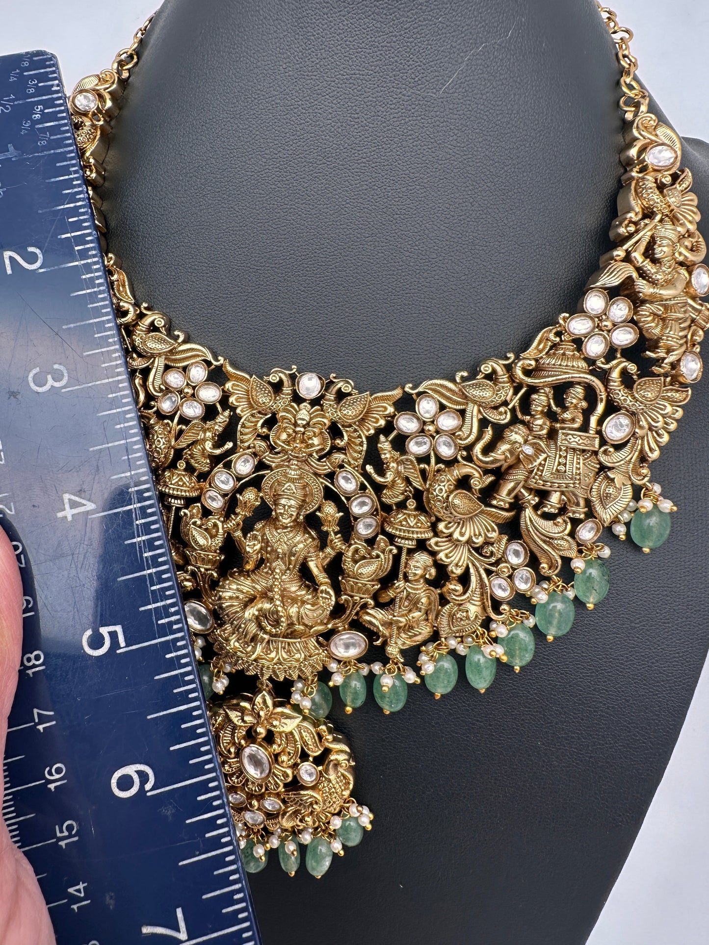 Goddess Lakshmi CZ KundanStone Matte Finish Neckline Nakshi Necklace Set