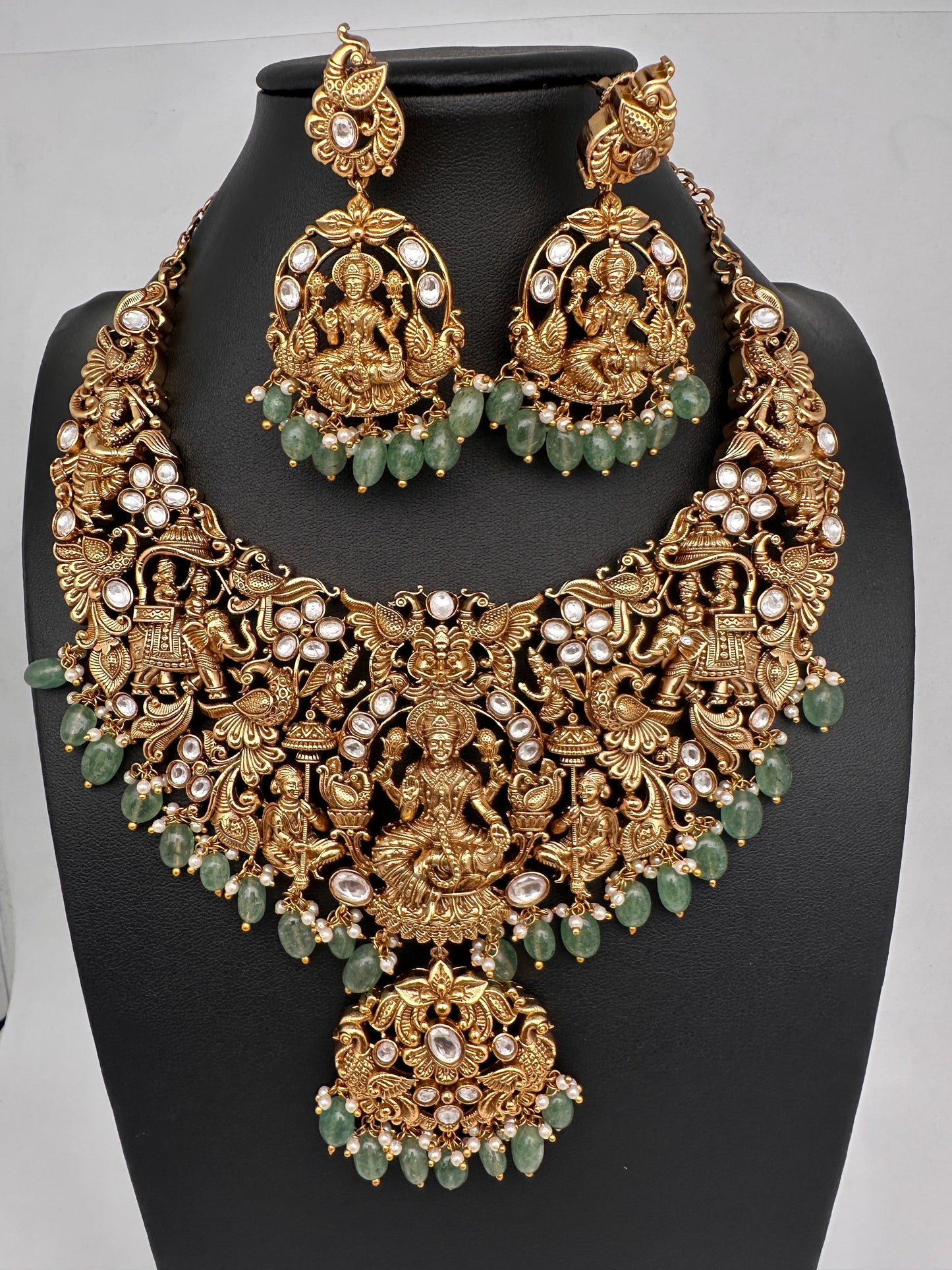 Goddess Lakshmi CZ KundanStone Matte Finish Neckline Nakshi Necklace Set