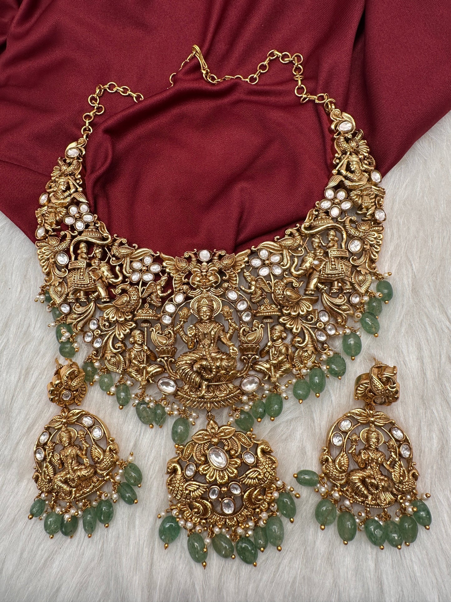 Goddess Lakshmi CZ KundanStone Matte Finish Neckline Nakshi Necklace Set