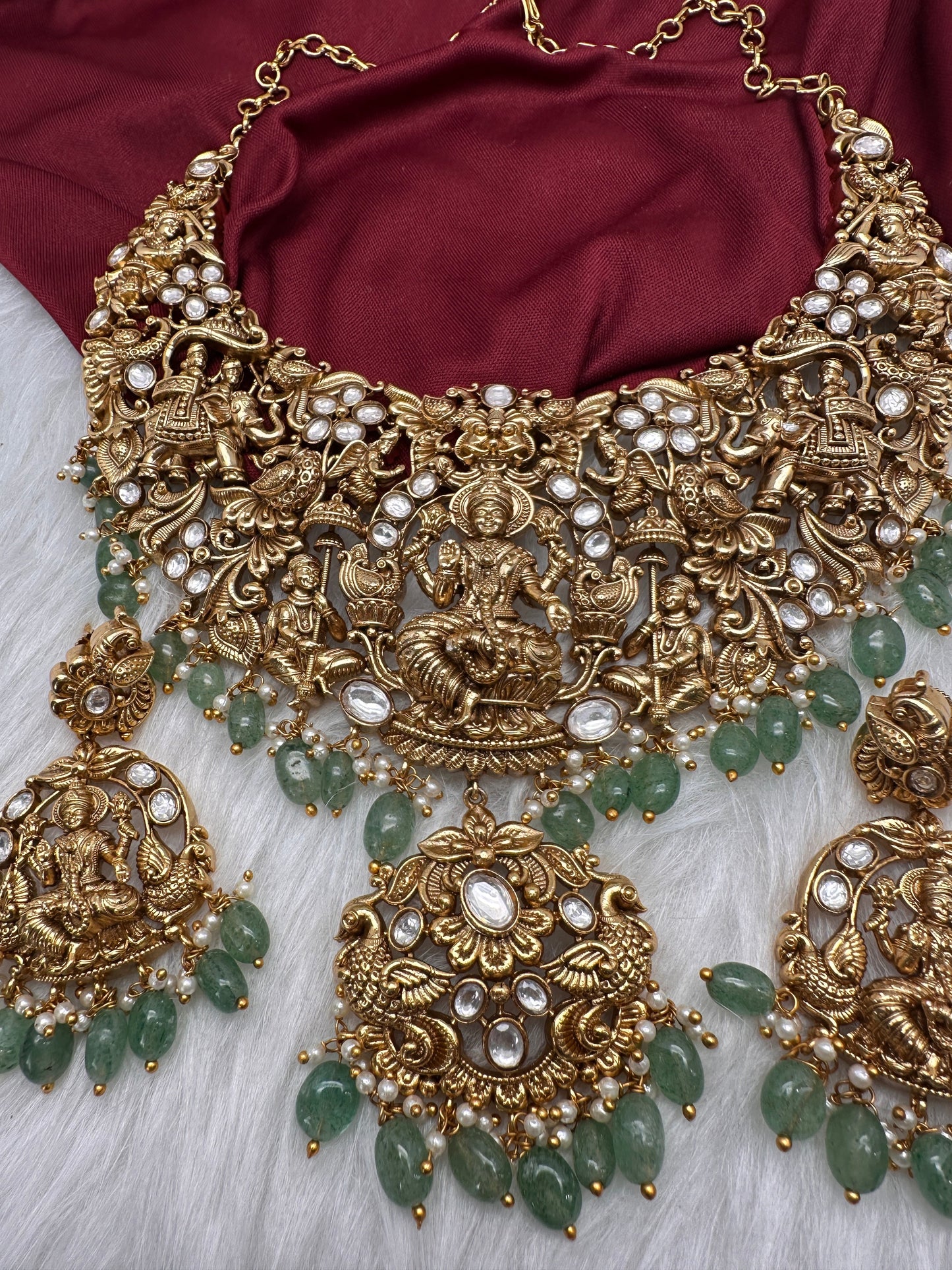 Goddess Lakshmi CZ KundanStone Matte Finish Neckline Nakshi Necklace Set