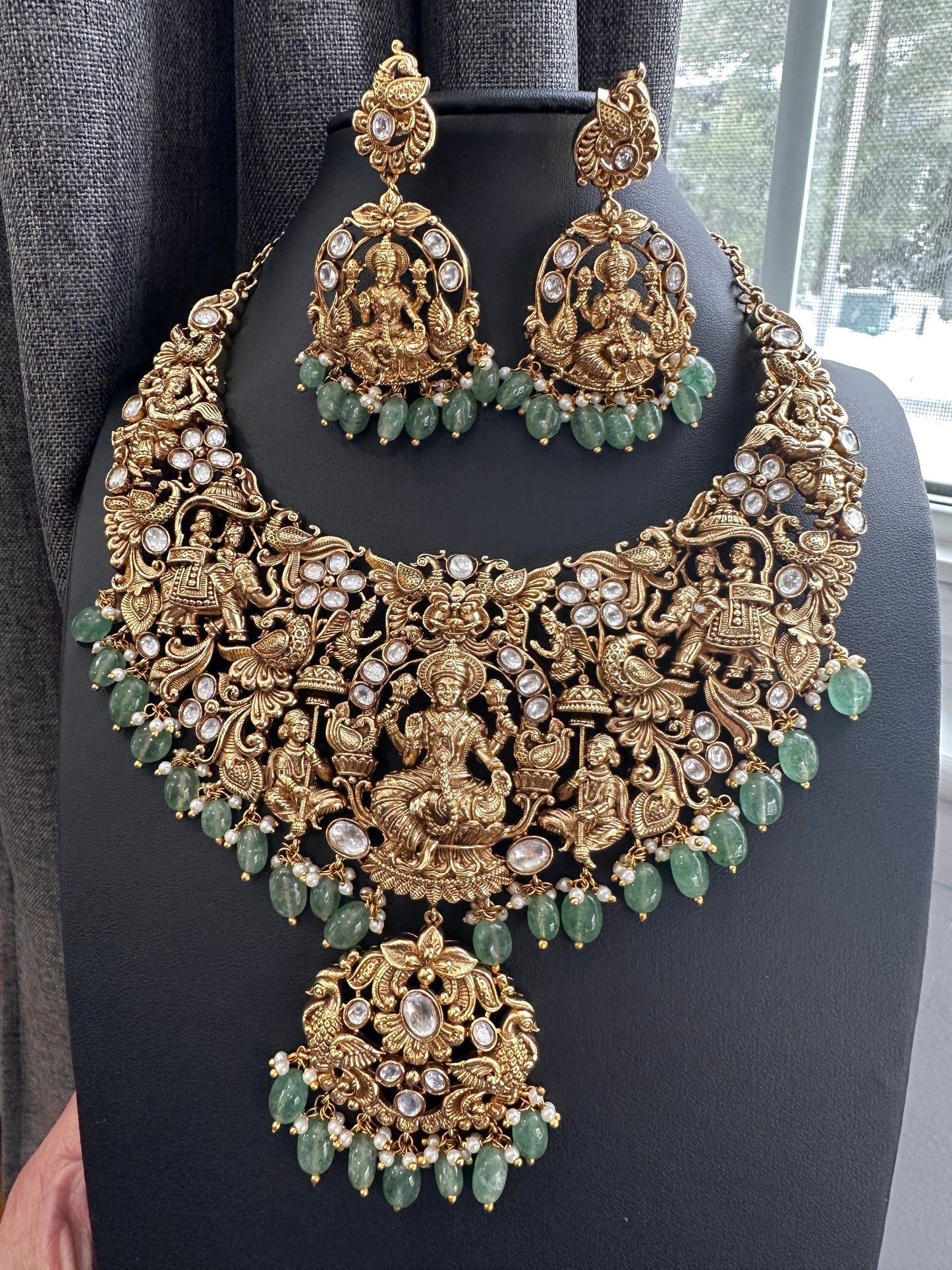 Goddess Lakshmi CZ KundanStone Matte Finish Neckline Nakshi Necklace Set