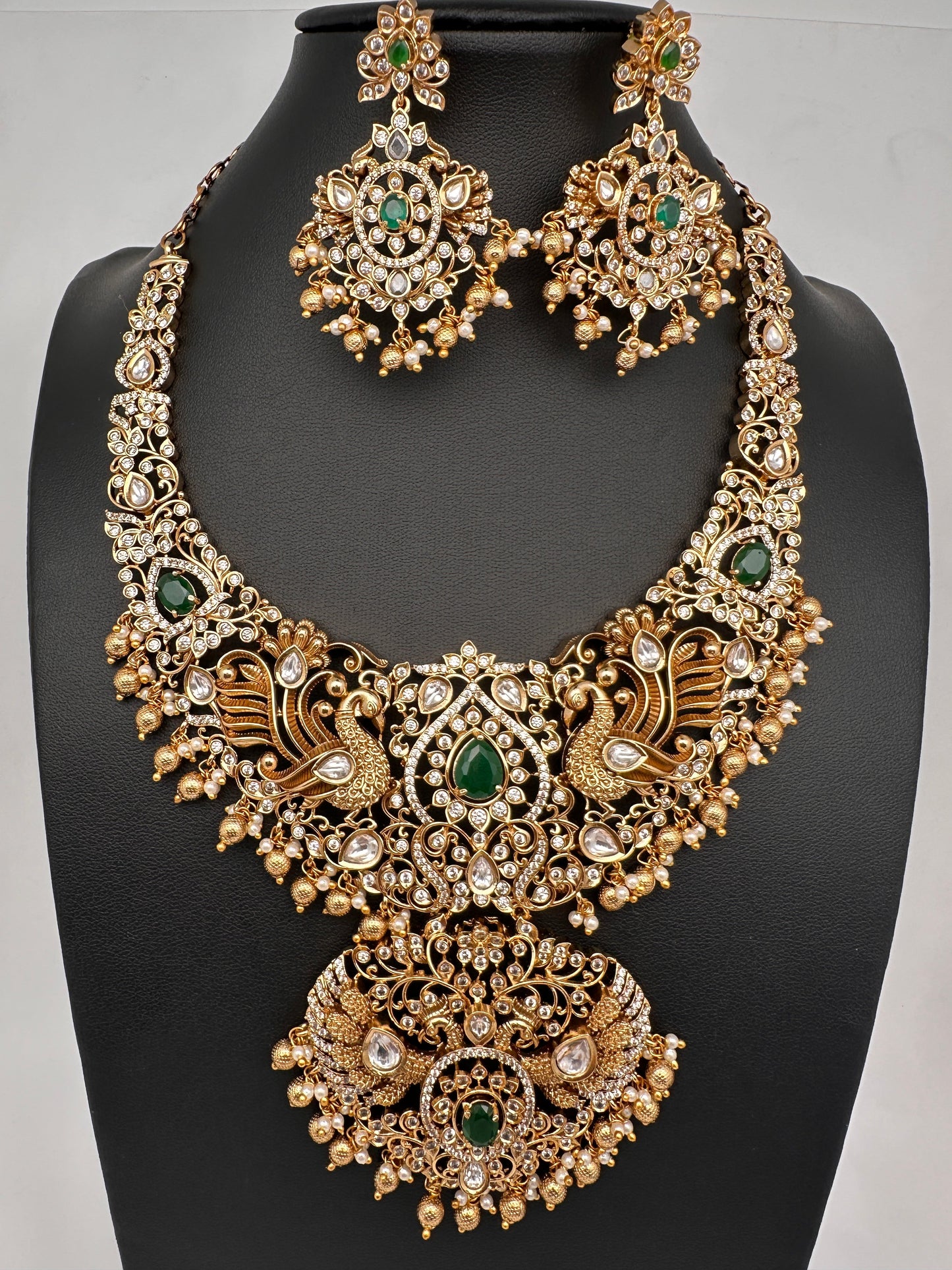 Peacock CZ KundanStone Matte Finish Neckline Nakshi Necklace Set