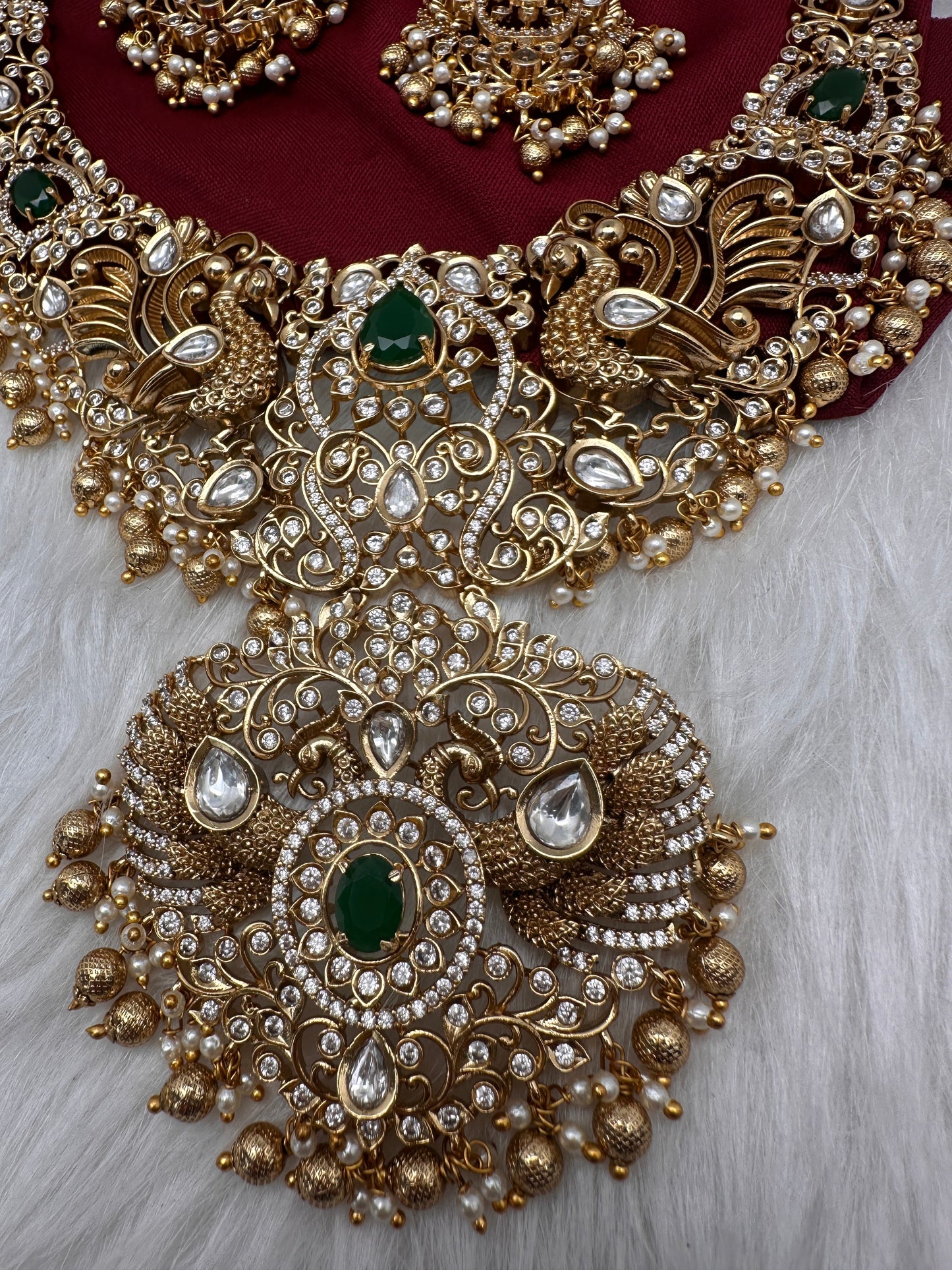 Peacock CZ KundanStone Matte Finish Neckline Nakshi Necklace Set