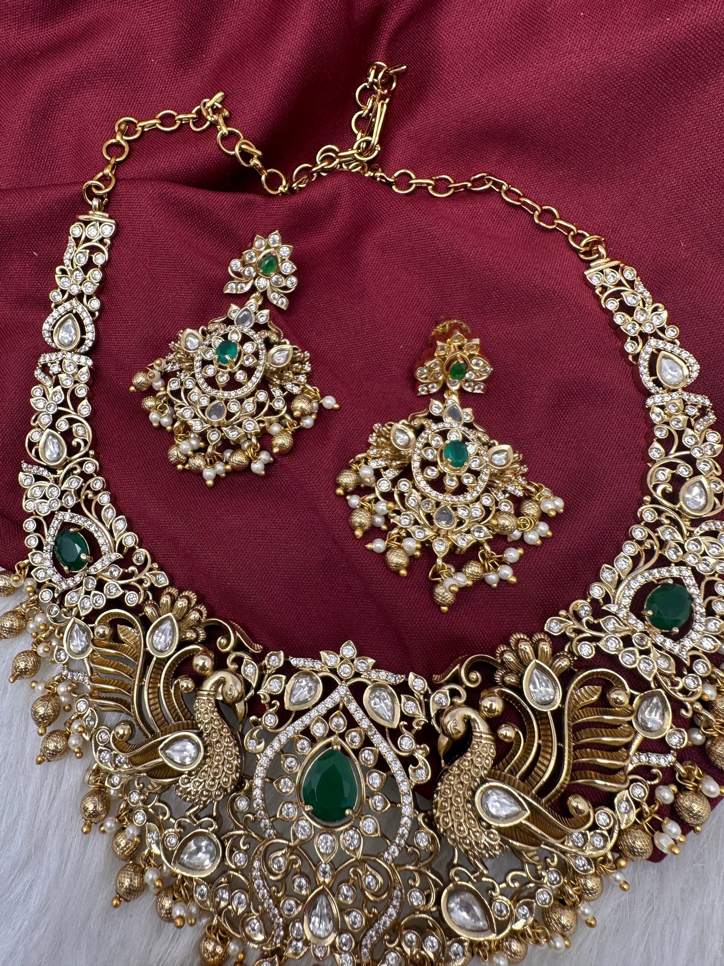 Peacock CZ KundanStone Matte Finish Neckline Nakshi Necklace Set