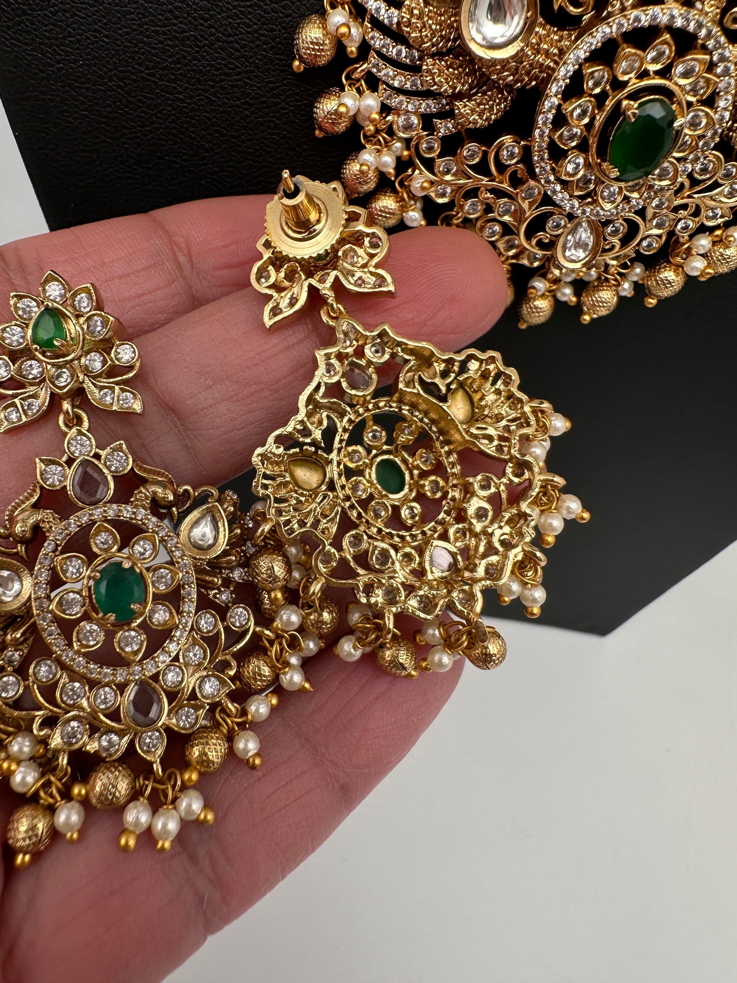 Peacock CZ KundanStone Matte Finish Neckline Nakshi Necklace Set