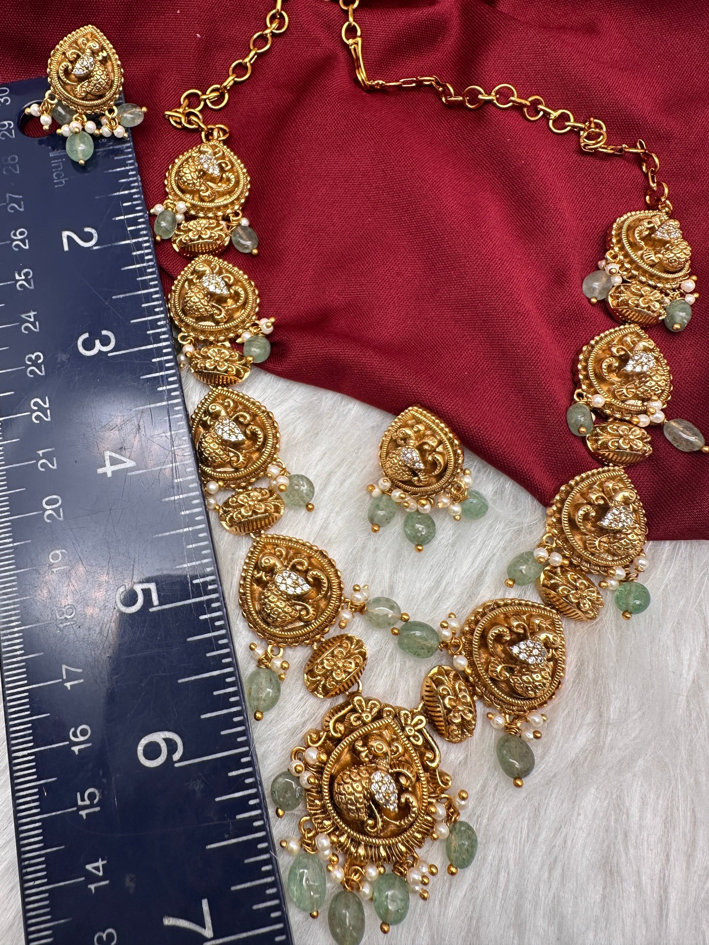 Peacock CZ Matte Finish Short Nakshi Necklace