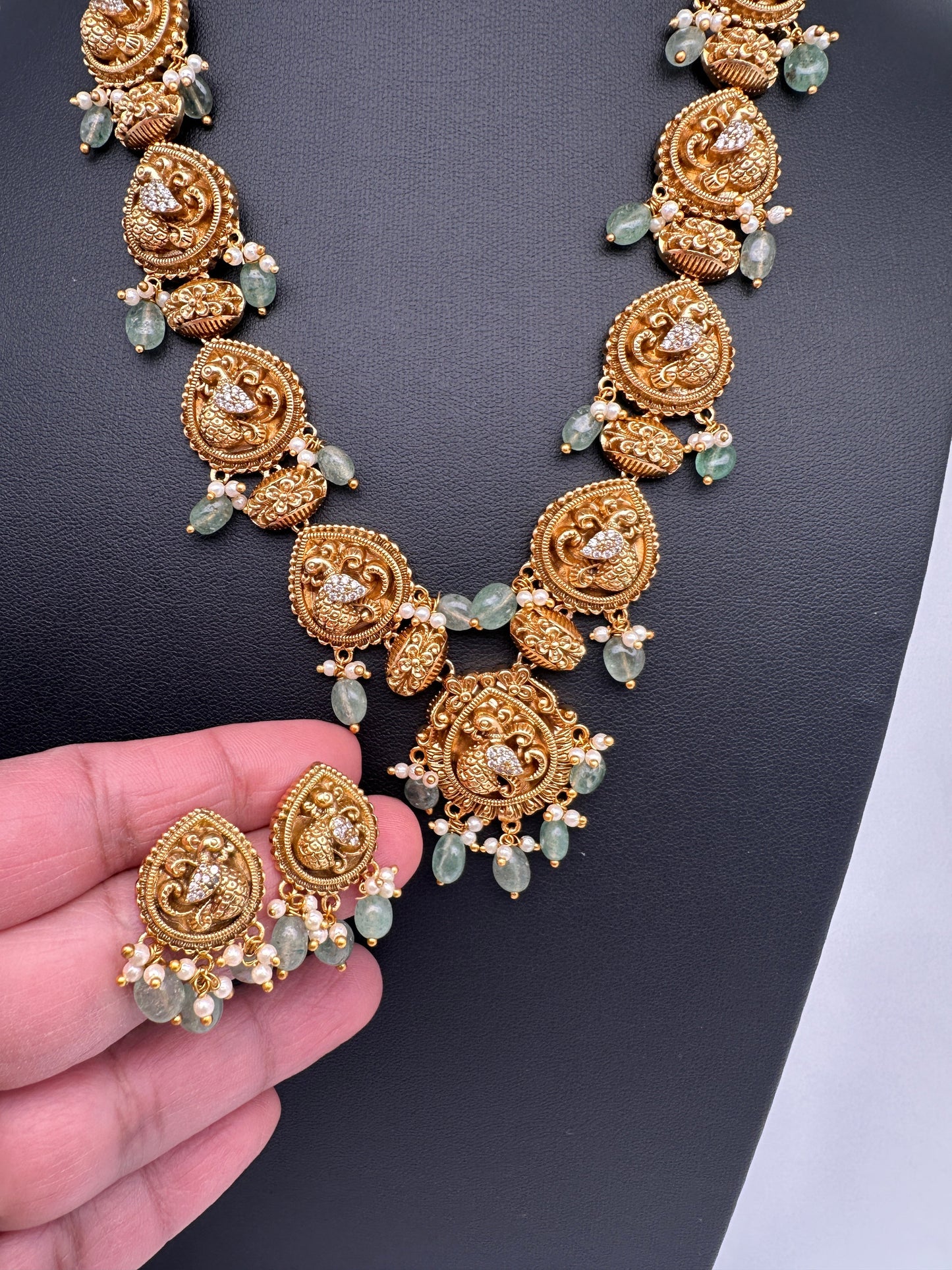 Peacock CZ Matte Finish Short Nakshi Necklace
