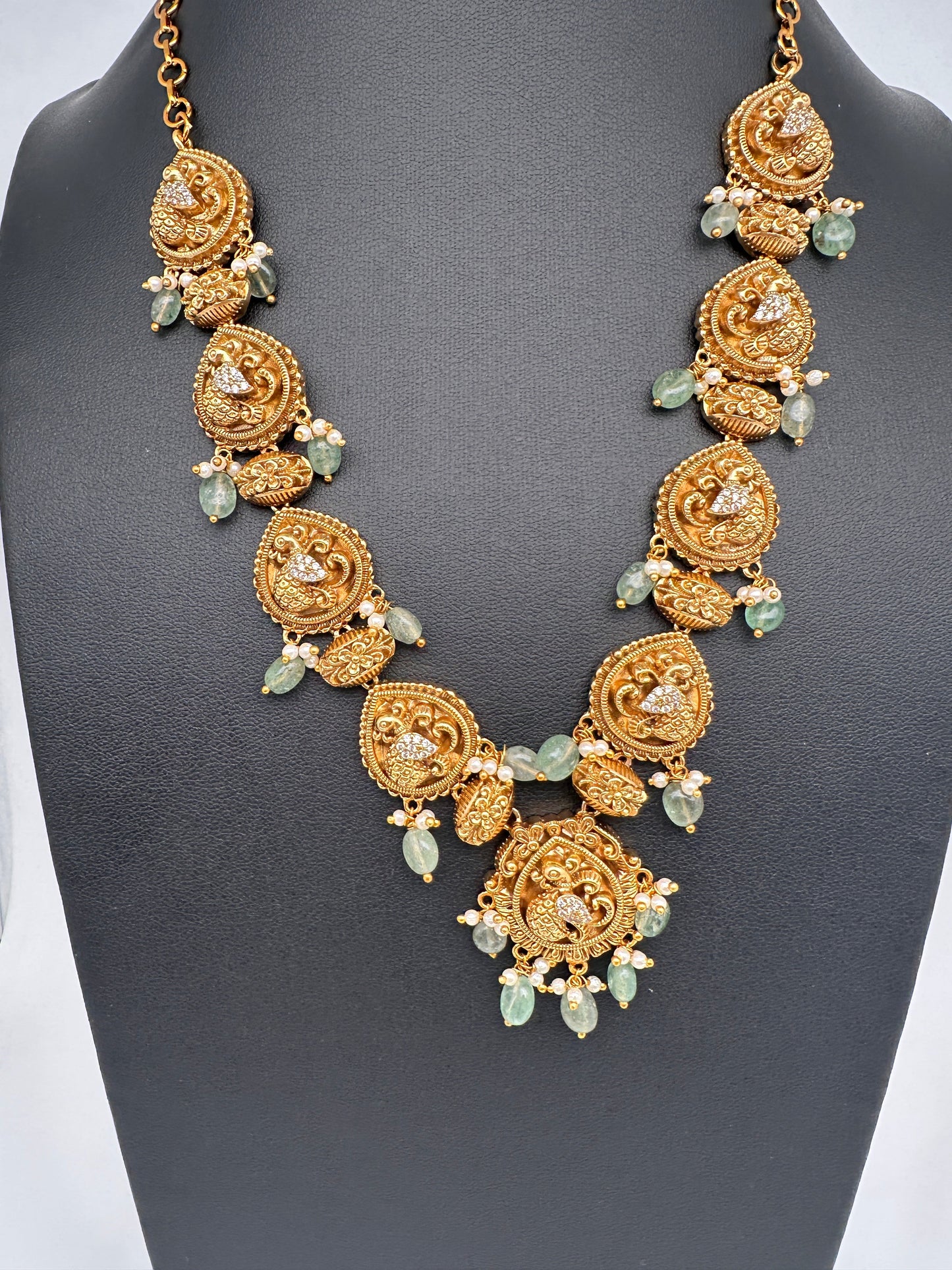 Peacock CZ Matte Finish Short Nakshi Necklace