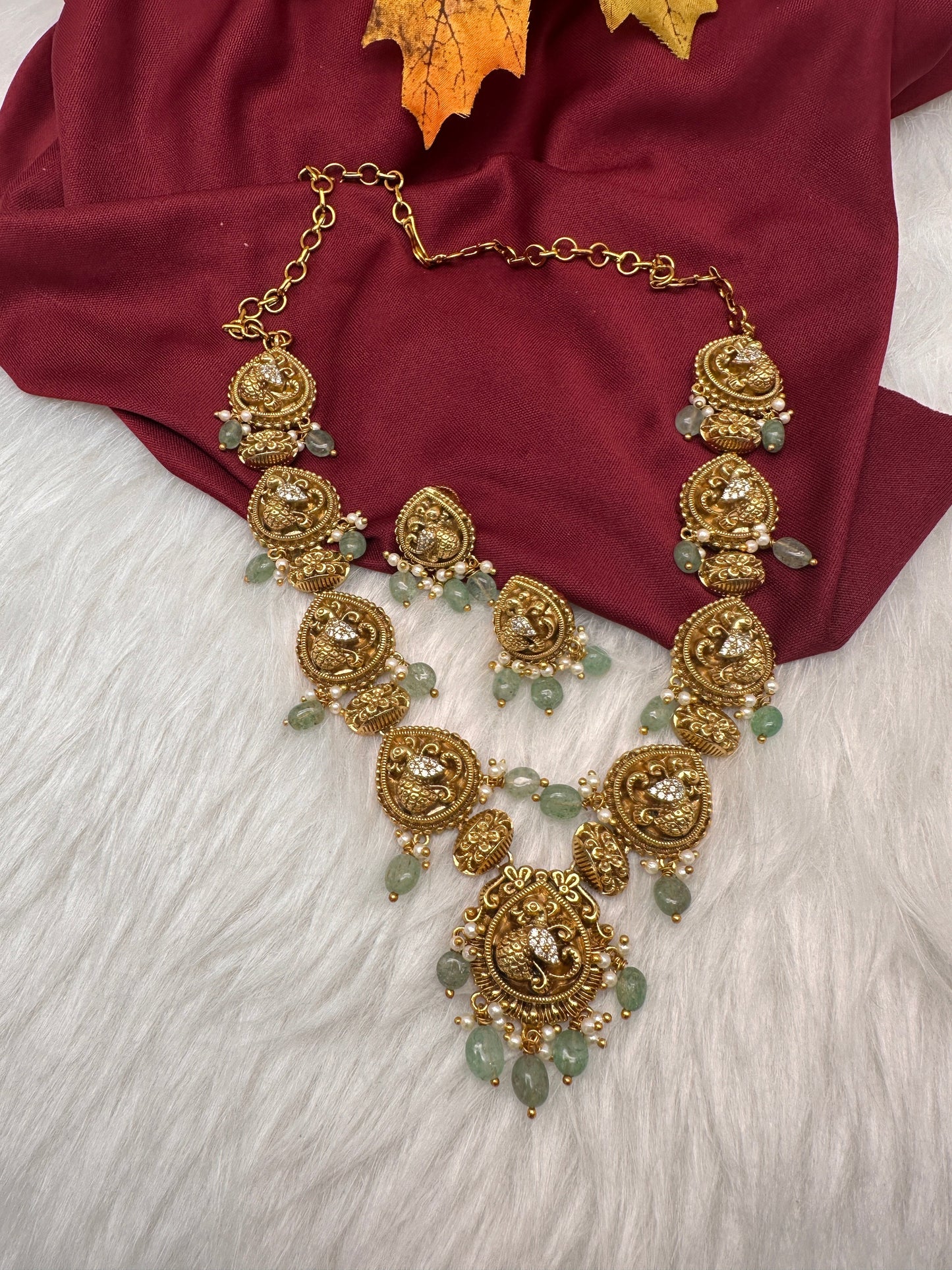 Peacock CZ Matte Finish Short Nakshi Necklace