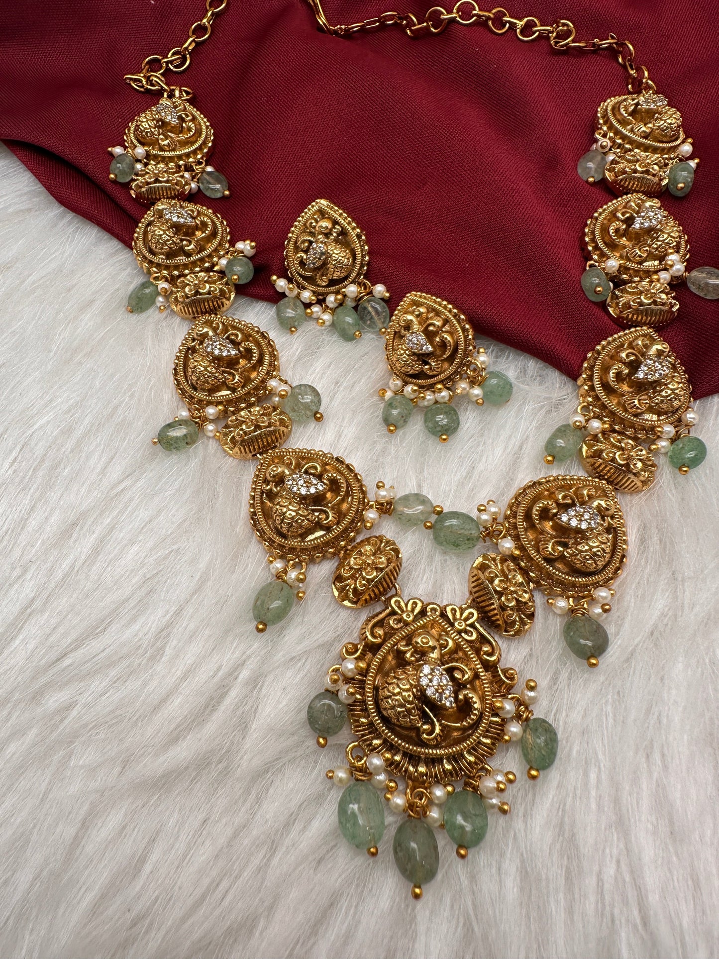 Peacock CZ Matte Finish Short Nakshi Necklace