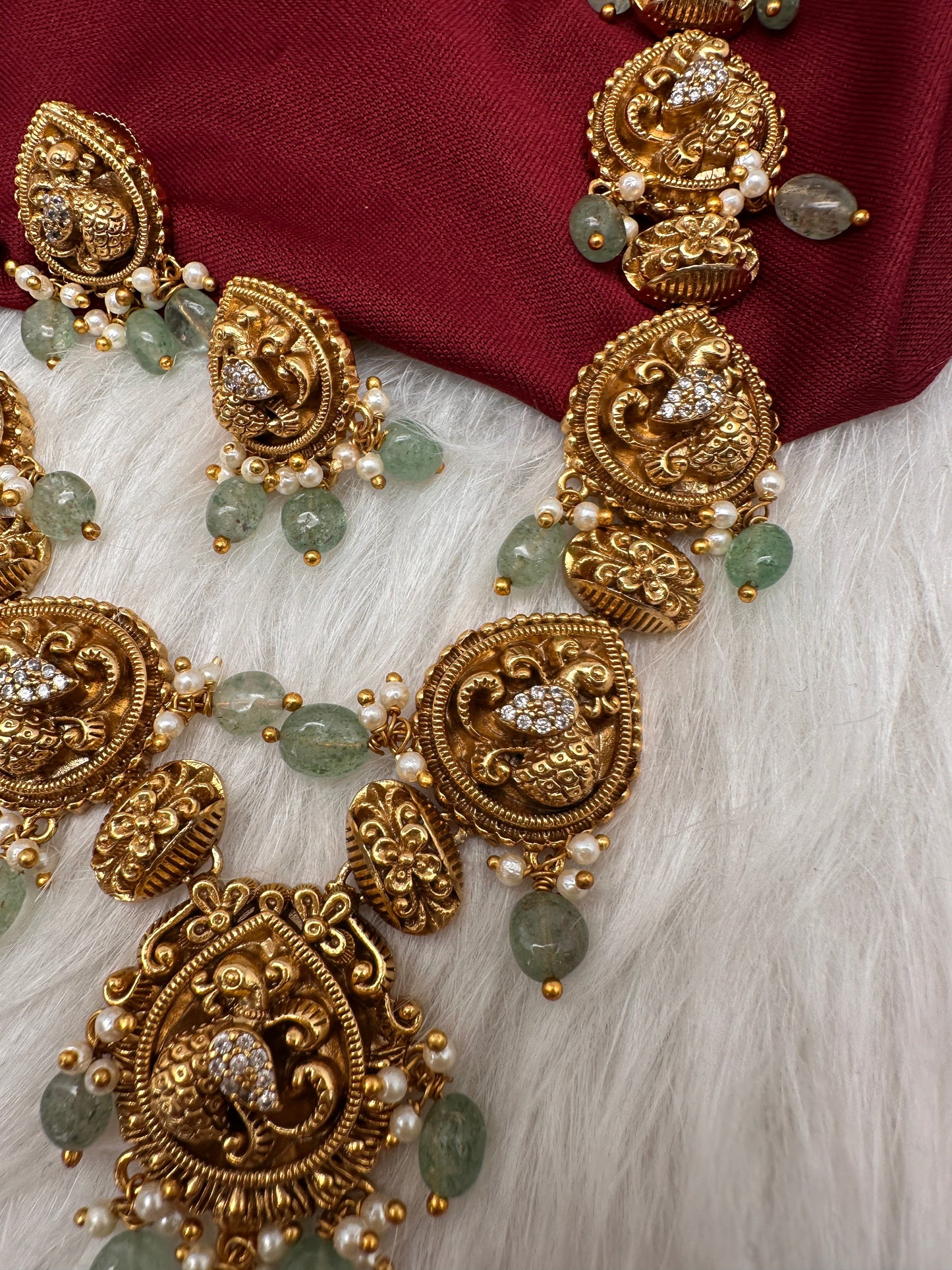 Peacock CZ Matte Finish Short Nakshi Necklace