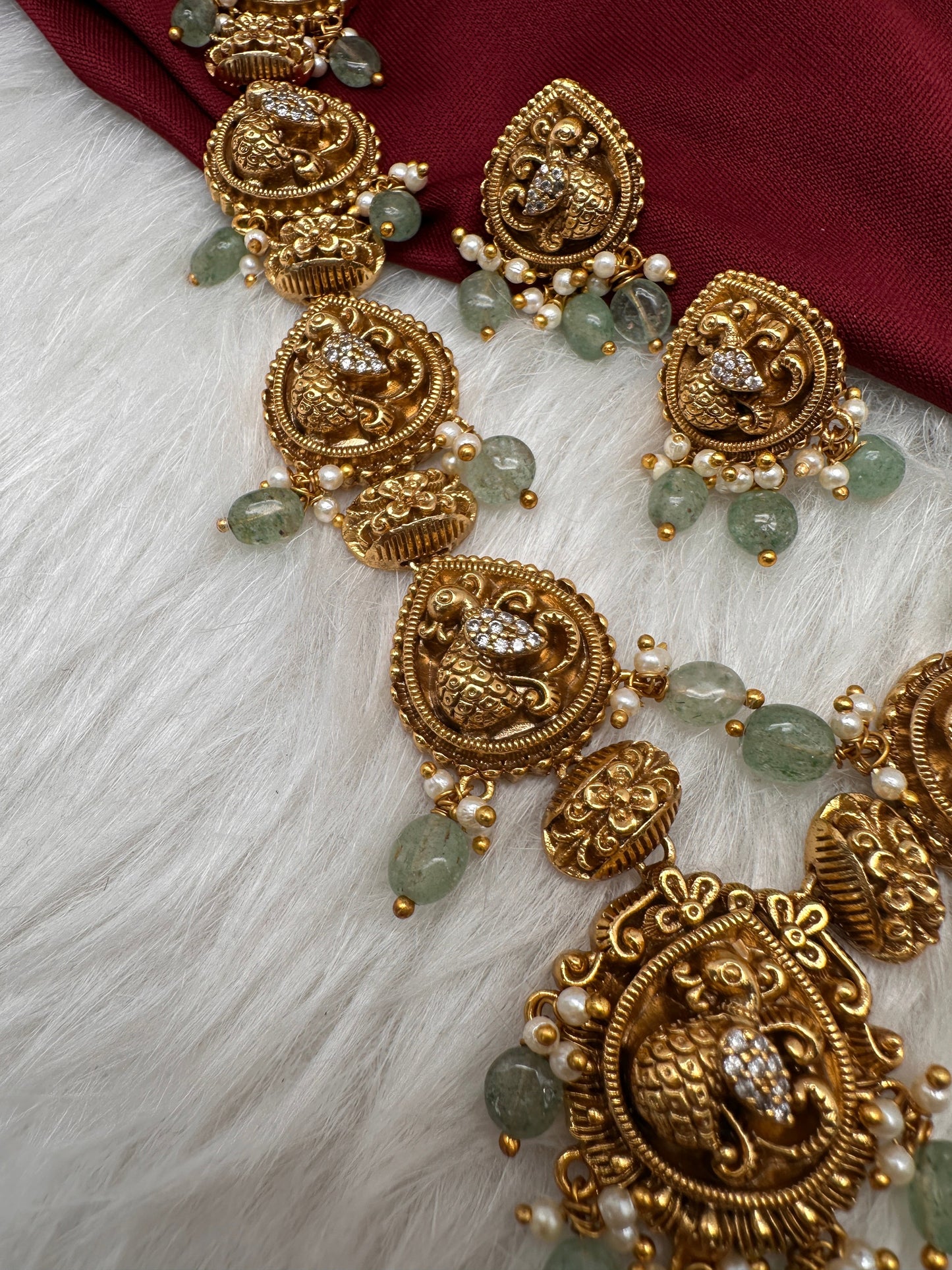 Peacock CZ Matte Finish Short Nakshi Necklace