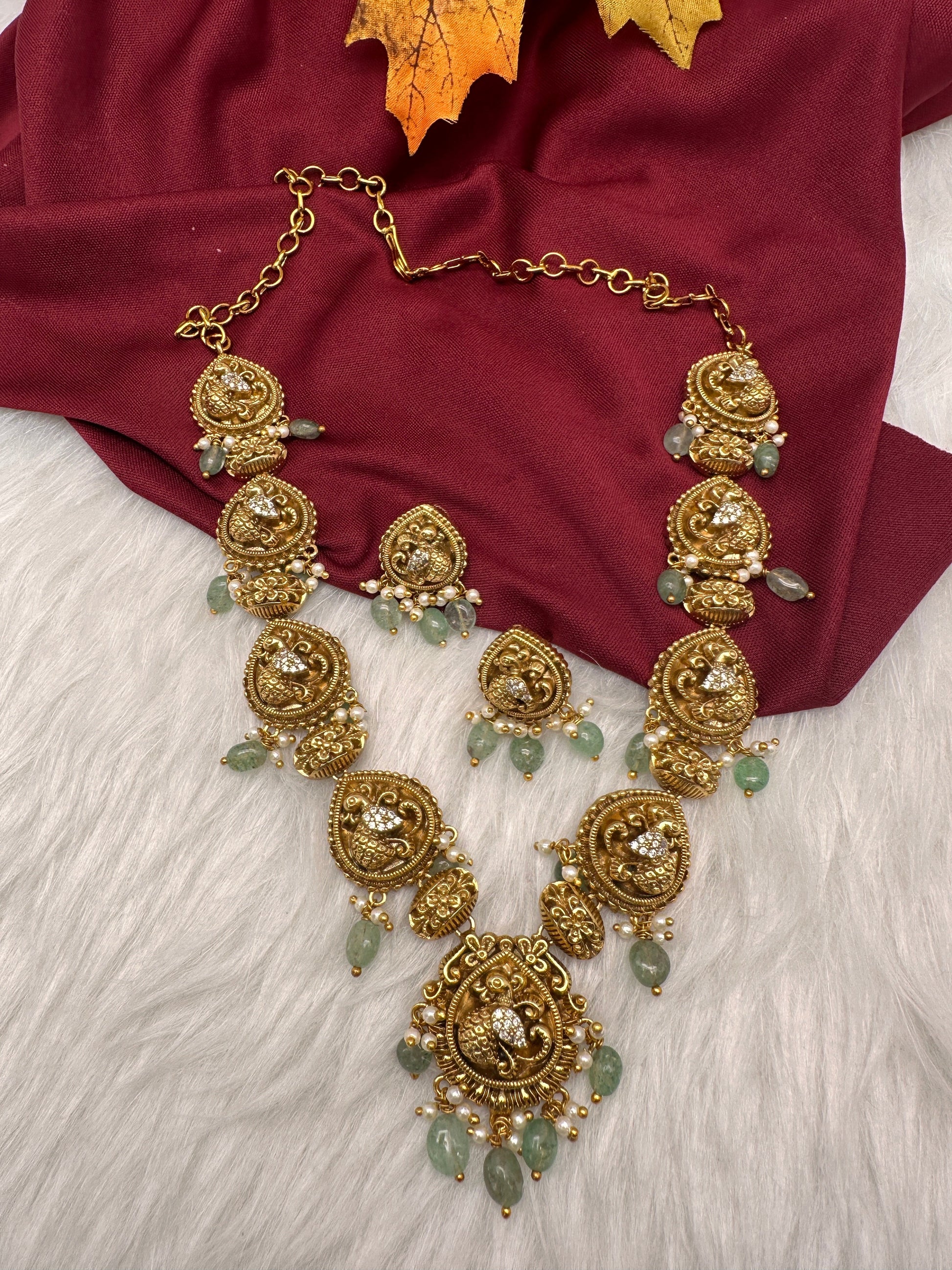 Peacock CZ Matte Finish Short Nakshi Necklace