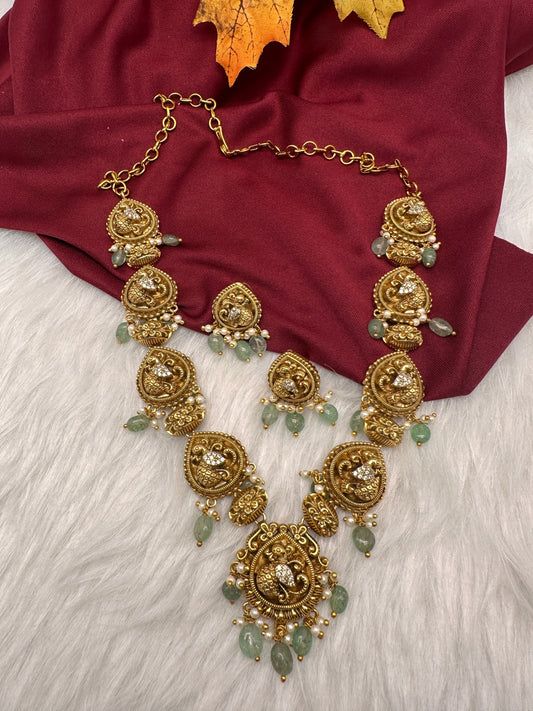 Peacock CZ Matte Finish Short Nakshi Necklace
