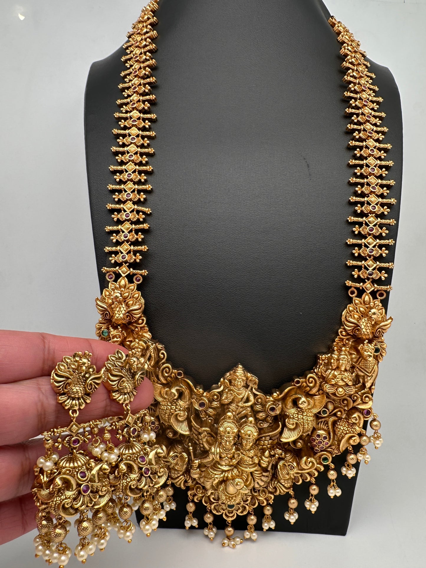 Peacock Goddess Matte Finish Long Nakshi Necklace
