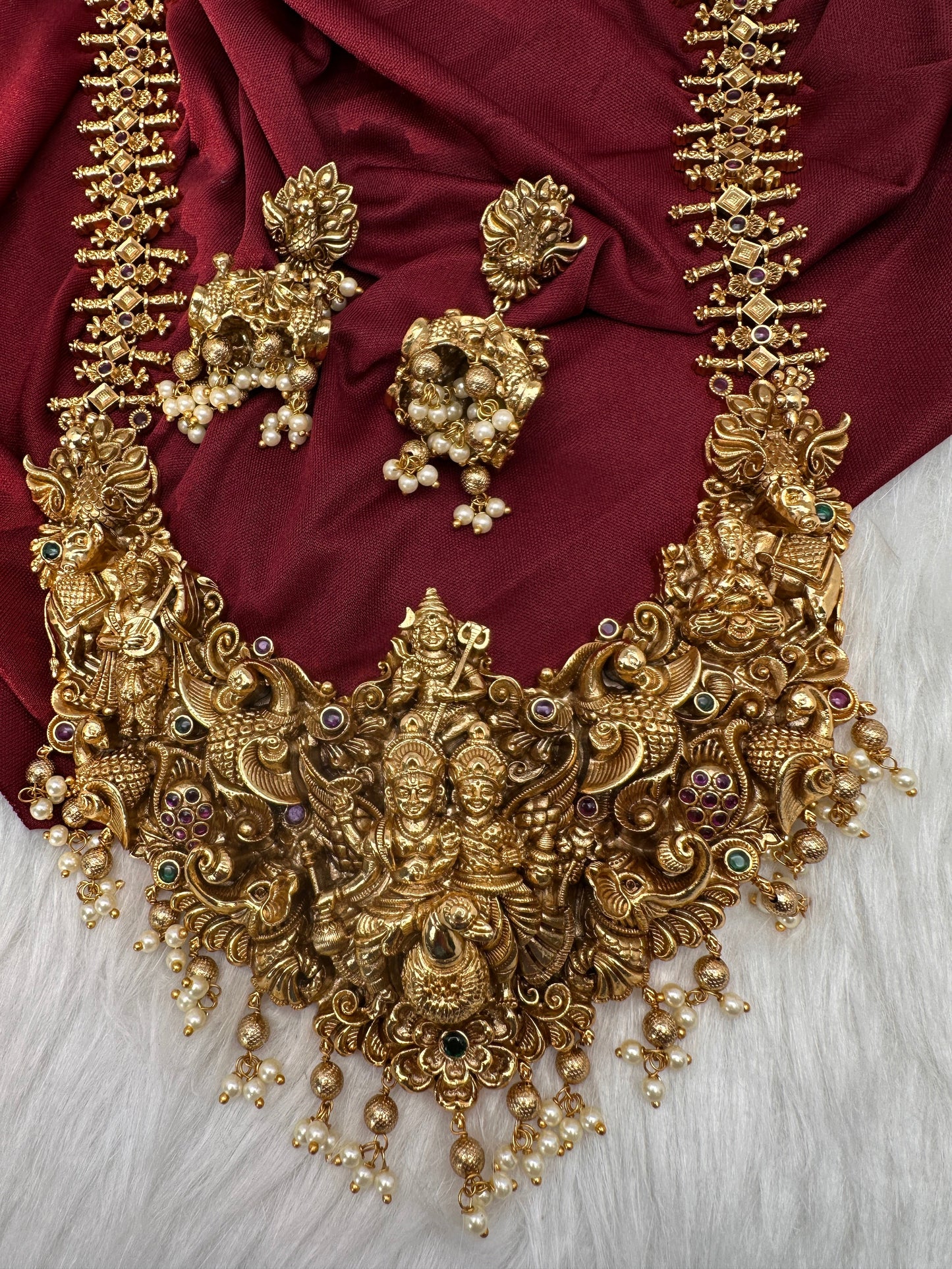 Peacock Goddess Matte Finish Long Nakshi Necklace