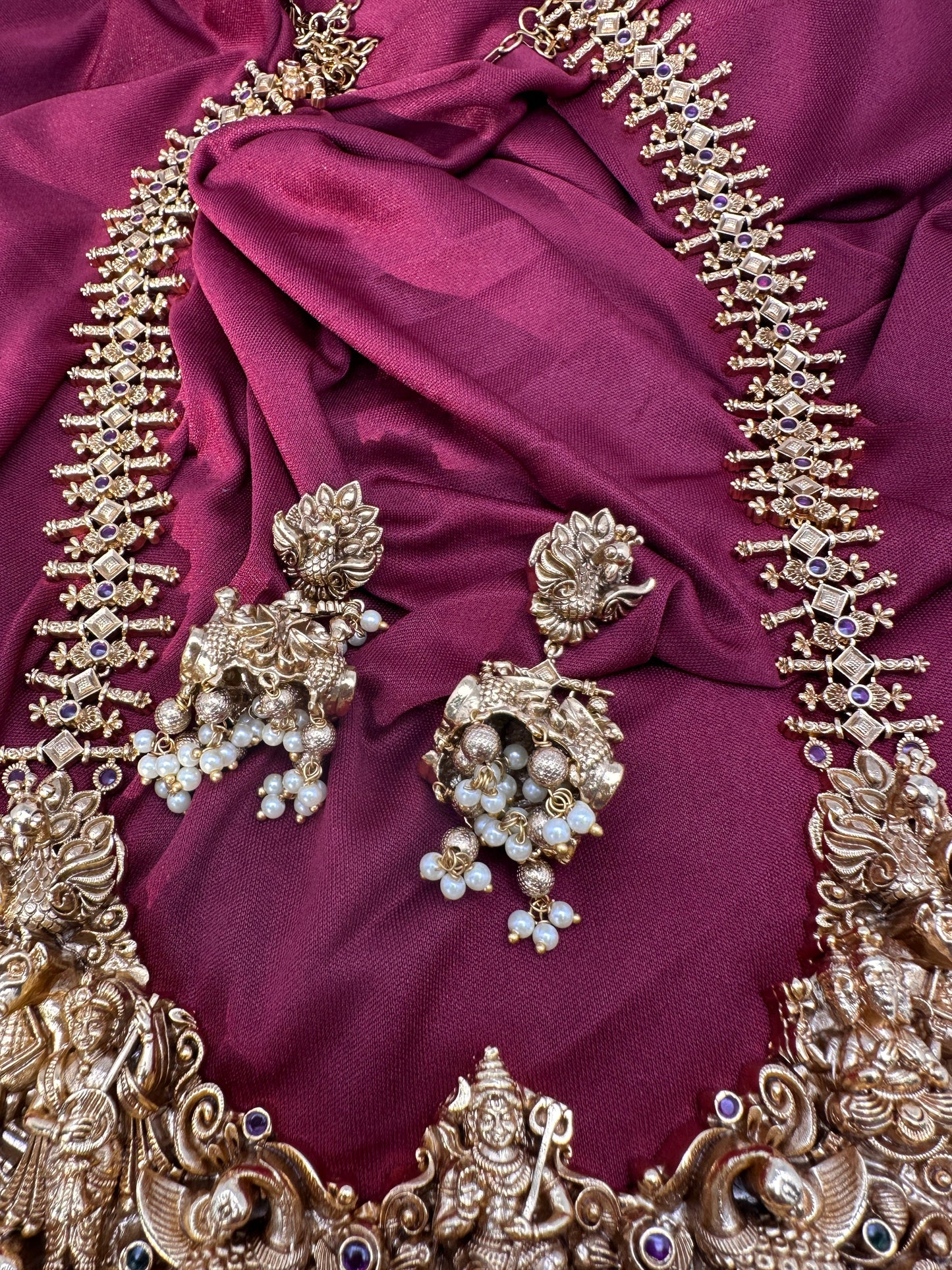 Peacock Goddess Matte Finish Long Nakshi Necklace