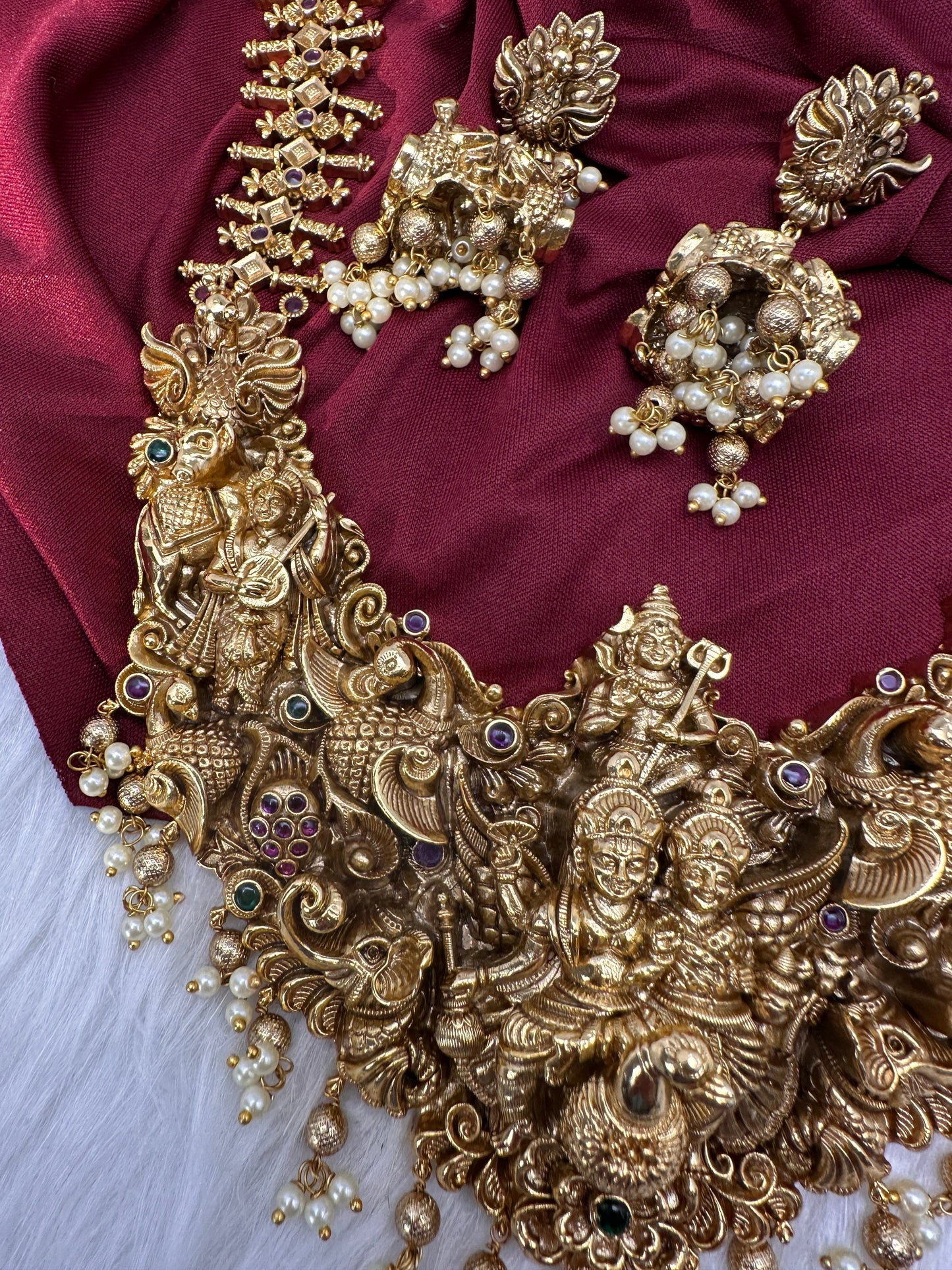 Peacock Goddess Matte Finish Long Nakshi Necklace