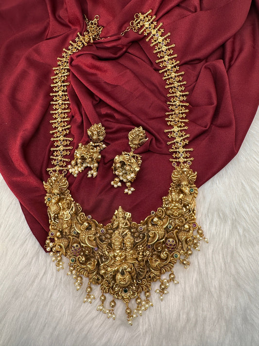 Peacock Goddess Matte Finish Long Nakshi Necklace