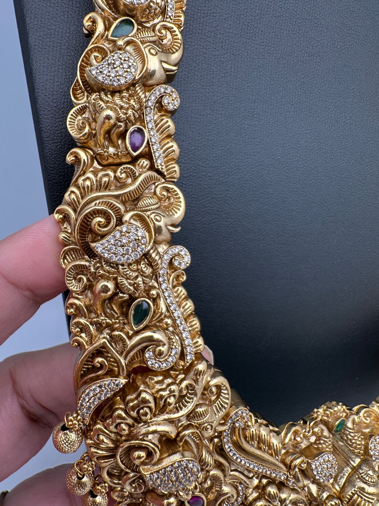 Goddess Lakshmi Elephant Peacock Matte Finish Long Nakshi Necklace