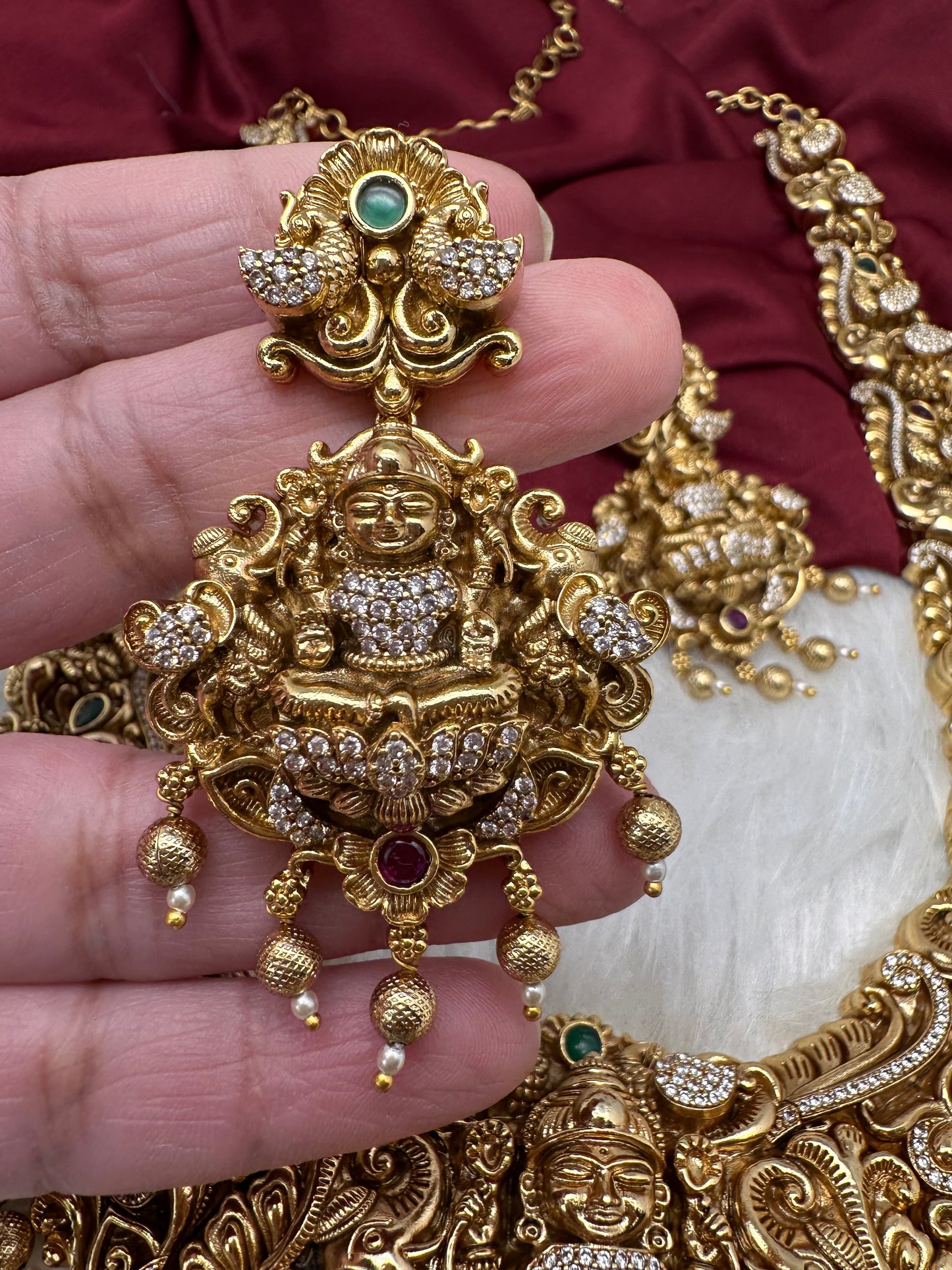 Goddess Lakshmi Elephant Peacock Matte Finish Long Nakshi Necklace