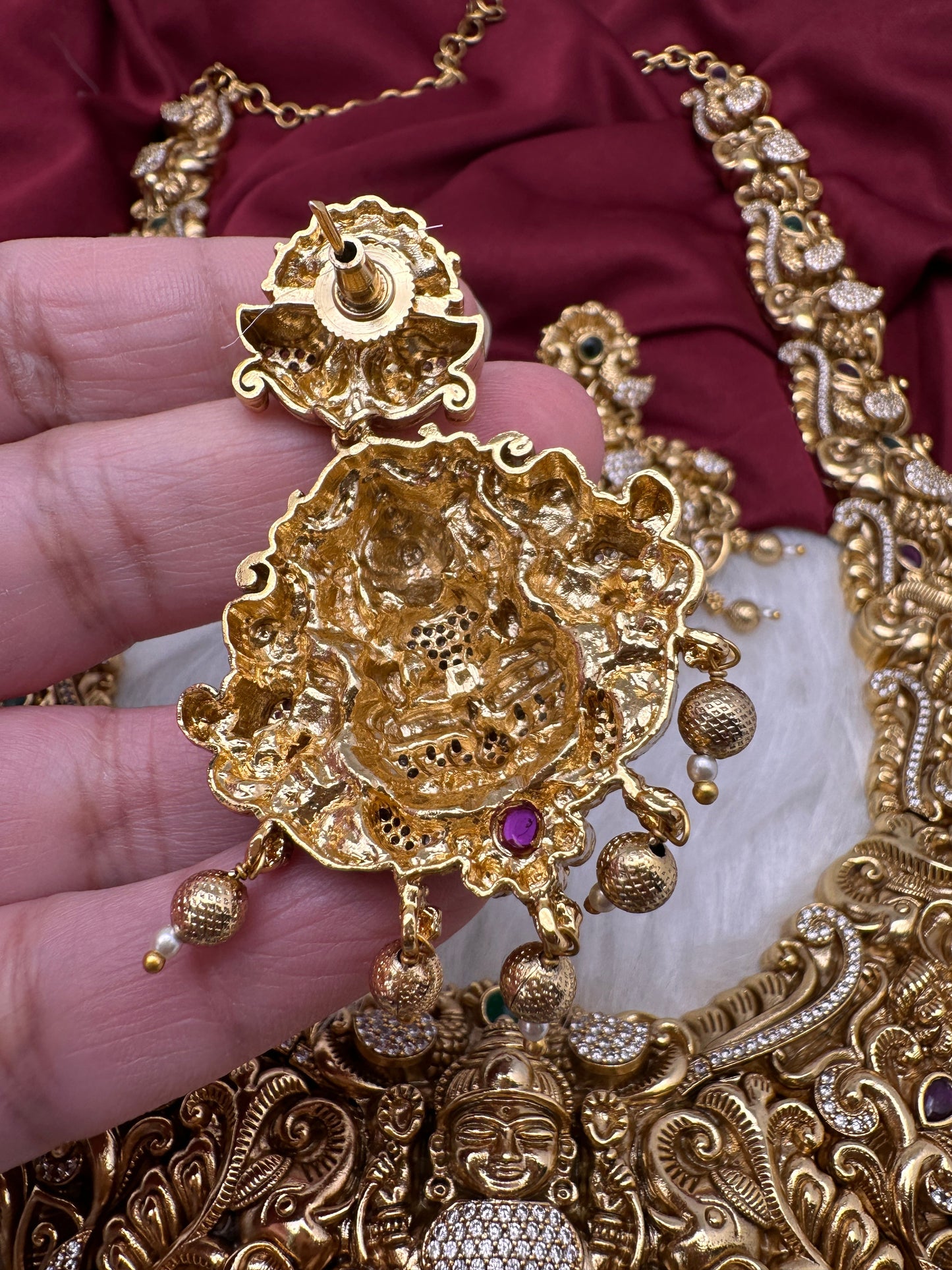 Goddess Lakshmi Elephant Peacock Matte Finish Long Nakshi Necklace