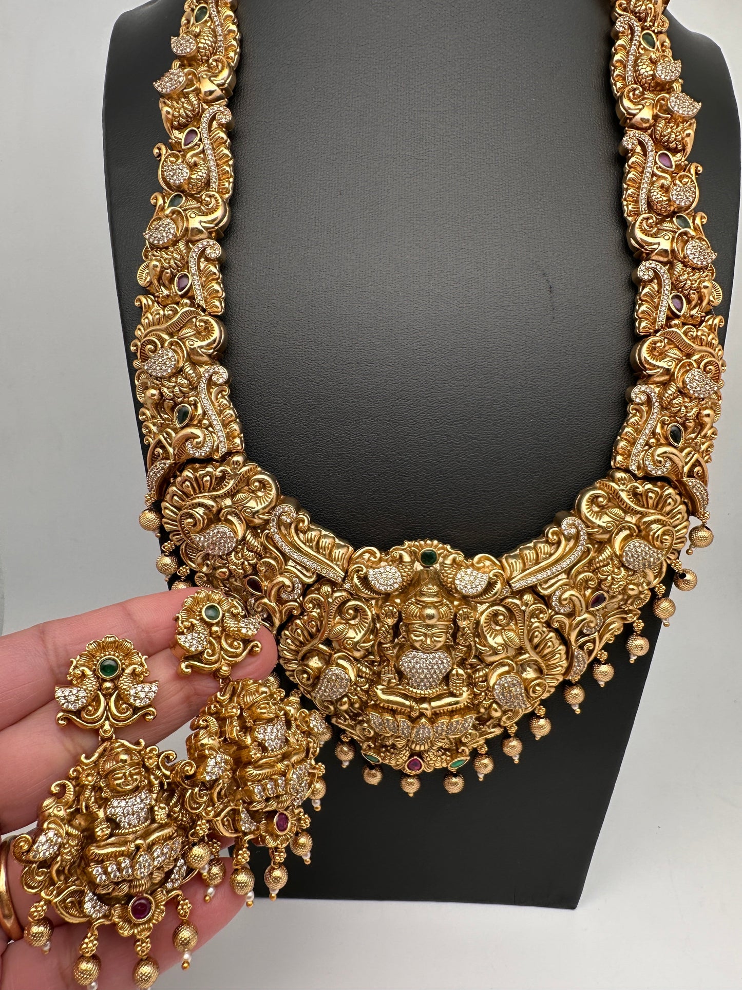 Goddess Lakshmi Elephant Peacock Matte Finish Long Nakshi Necklace