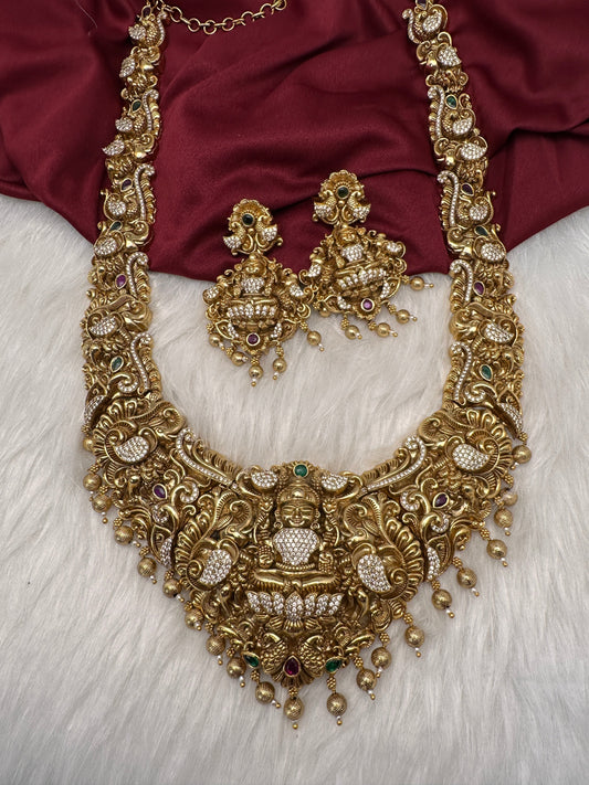 Goddess Lakshmi Elephant Peacock Matte Finish Long Nakshi Necklace