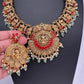 Goddess Lakshmi Kassu Nakshi Matte Coral Short Necklace with Emerald Beads