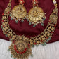 Goddess Lakshmi Kassu Nakshi Matte Coral Short Necklace with Emerald Beads