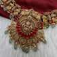 Goddess Lakshmi Kassu Nakshi Matte Coral Short Necklace with Emerald Beads