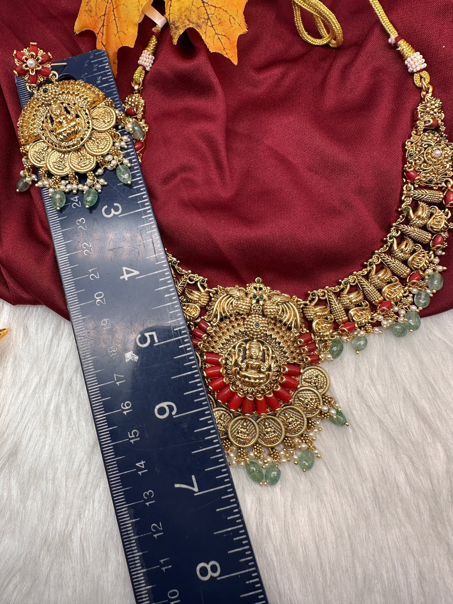 Goddess Lakshmi Kassu Nakshi Matte Coral Short Necklace with Emerald Beads