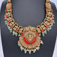Goddess Lakshmi Kassu Nakshi Matte Coral Short Necklace with Emerald Beads