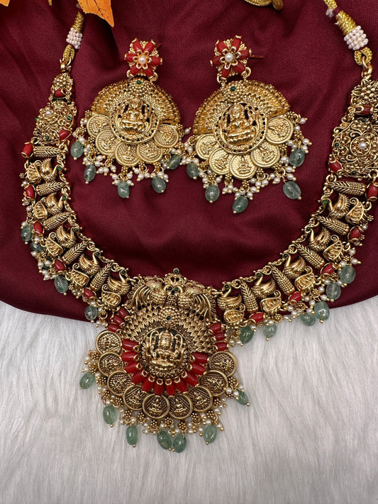 Goddess Lakshmi Kassu Nakshi Matte Coral Short Necklace with Emerald Beads