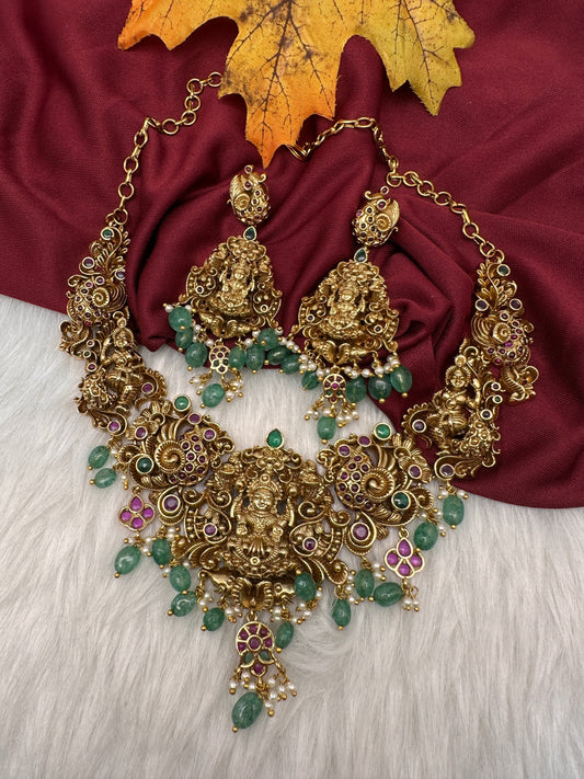 Goddess Lakshmi Nakshi Short Necklace with Emerald Beads
