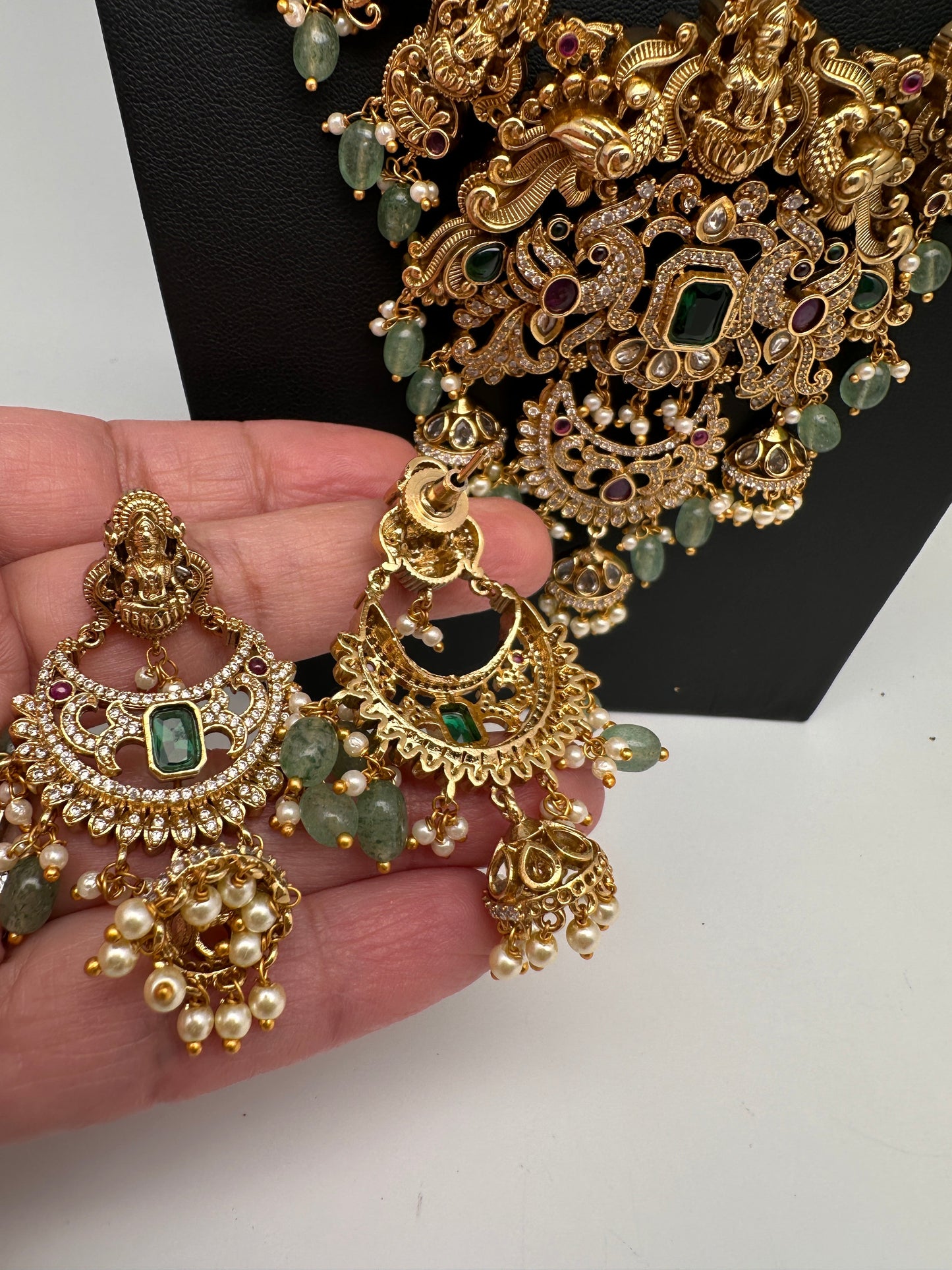 Goddess Lakshmi One Gram Gold Platted Nakshi Long Necklace with Chandbali