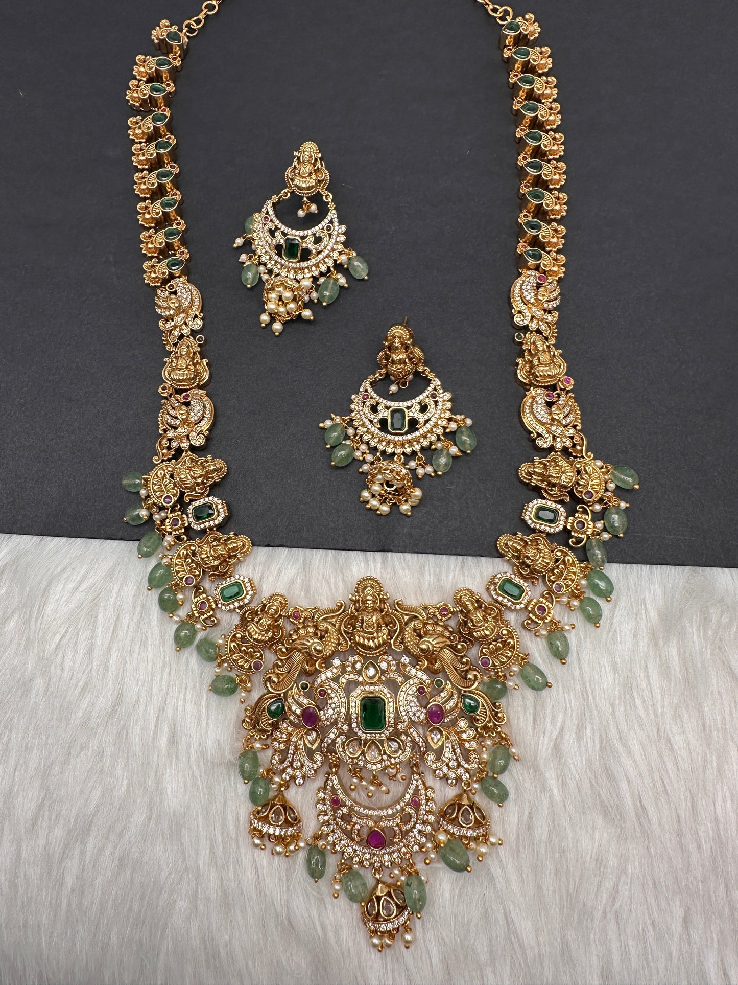 Goddess Lakshmi One Gram Gold Platted Nakshi Long Necklace with Chandbali